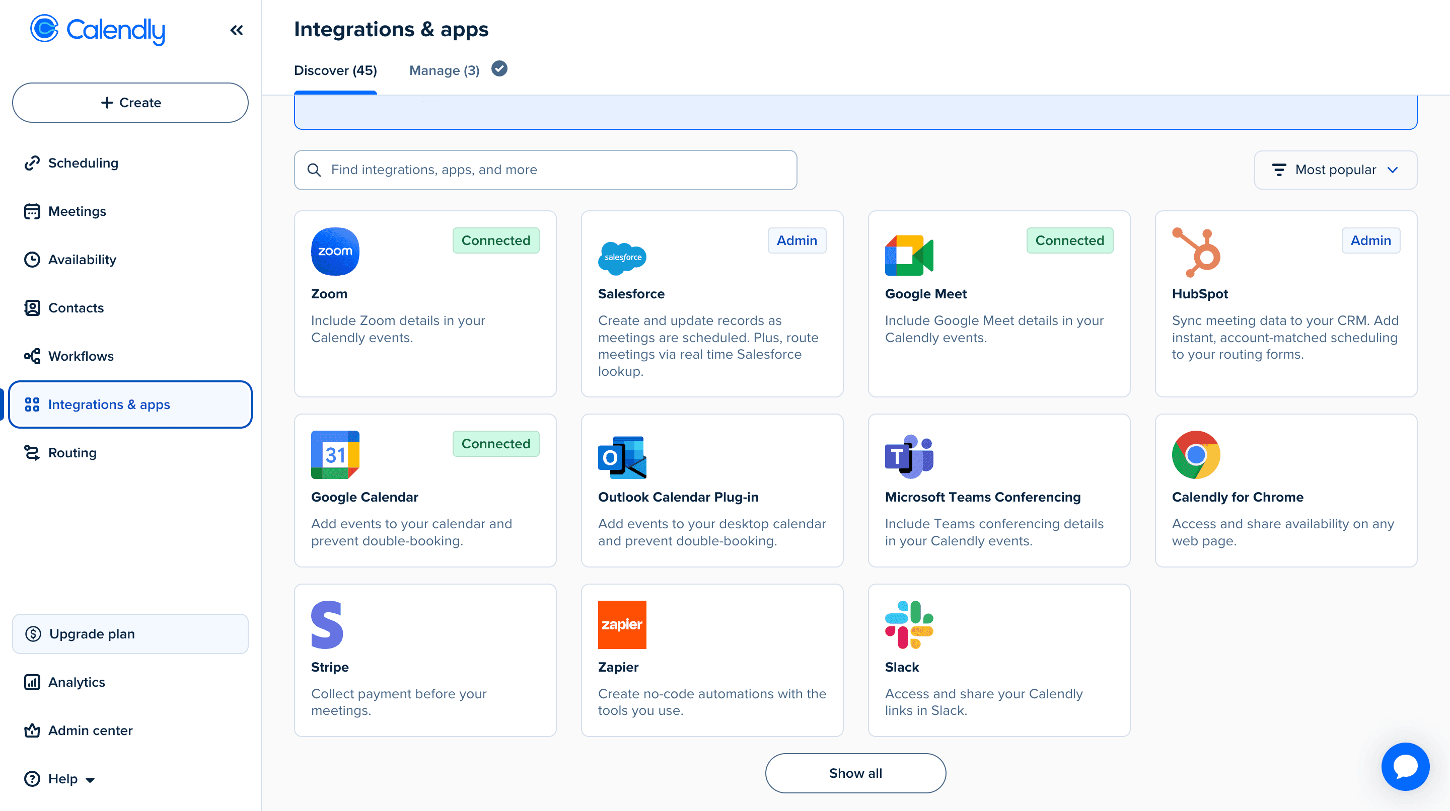 Calendly integrations page showing connected calendars