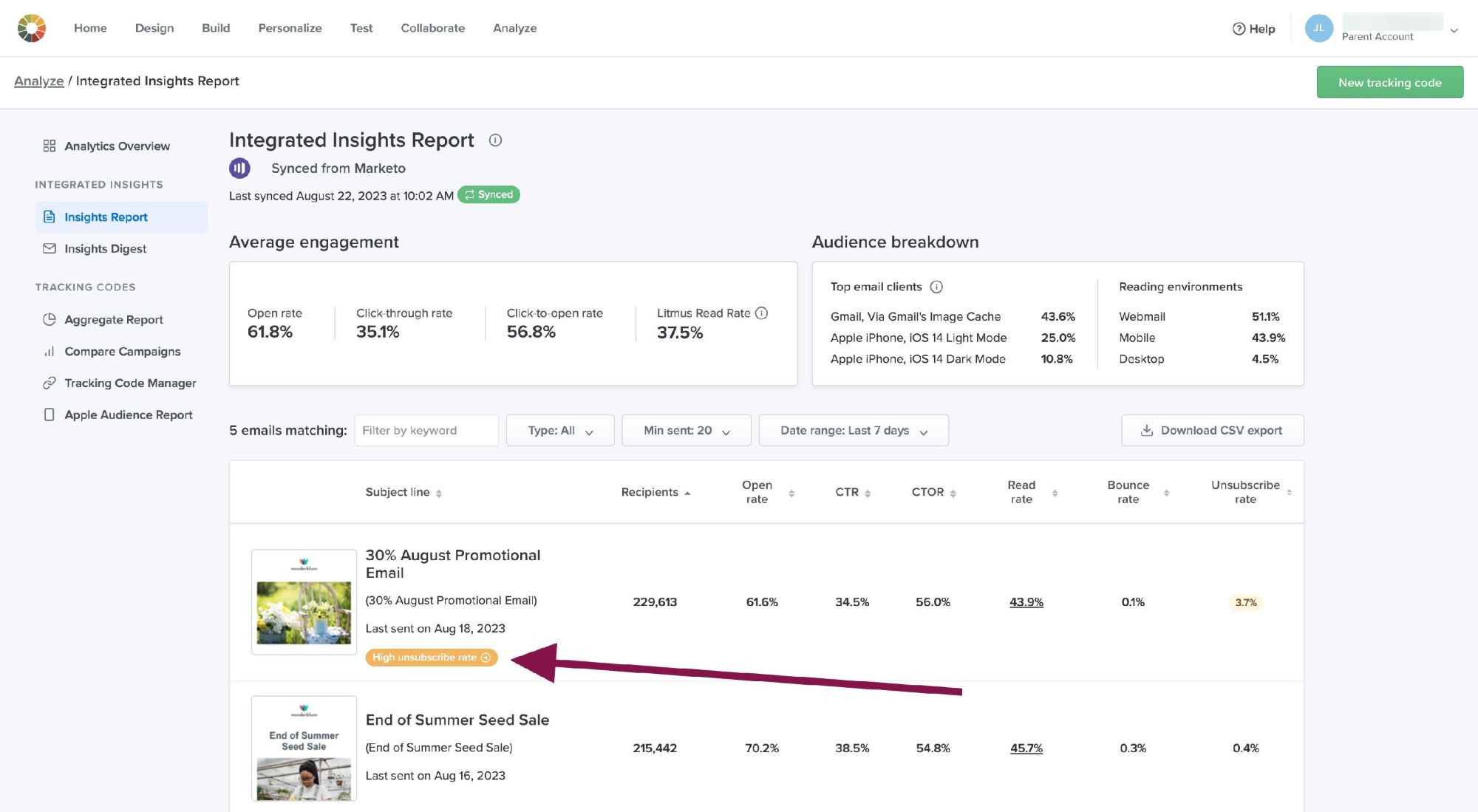 A detailed engagement and insights report from Litmus, displaying email open rates, click-to-open rates, read rates, and unsubscribe rates, with a highlight on bounce statistics and audience segmentation.