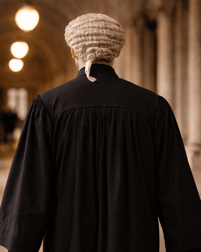 Lawyer in wig and robe walking away in a hall