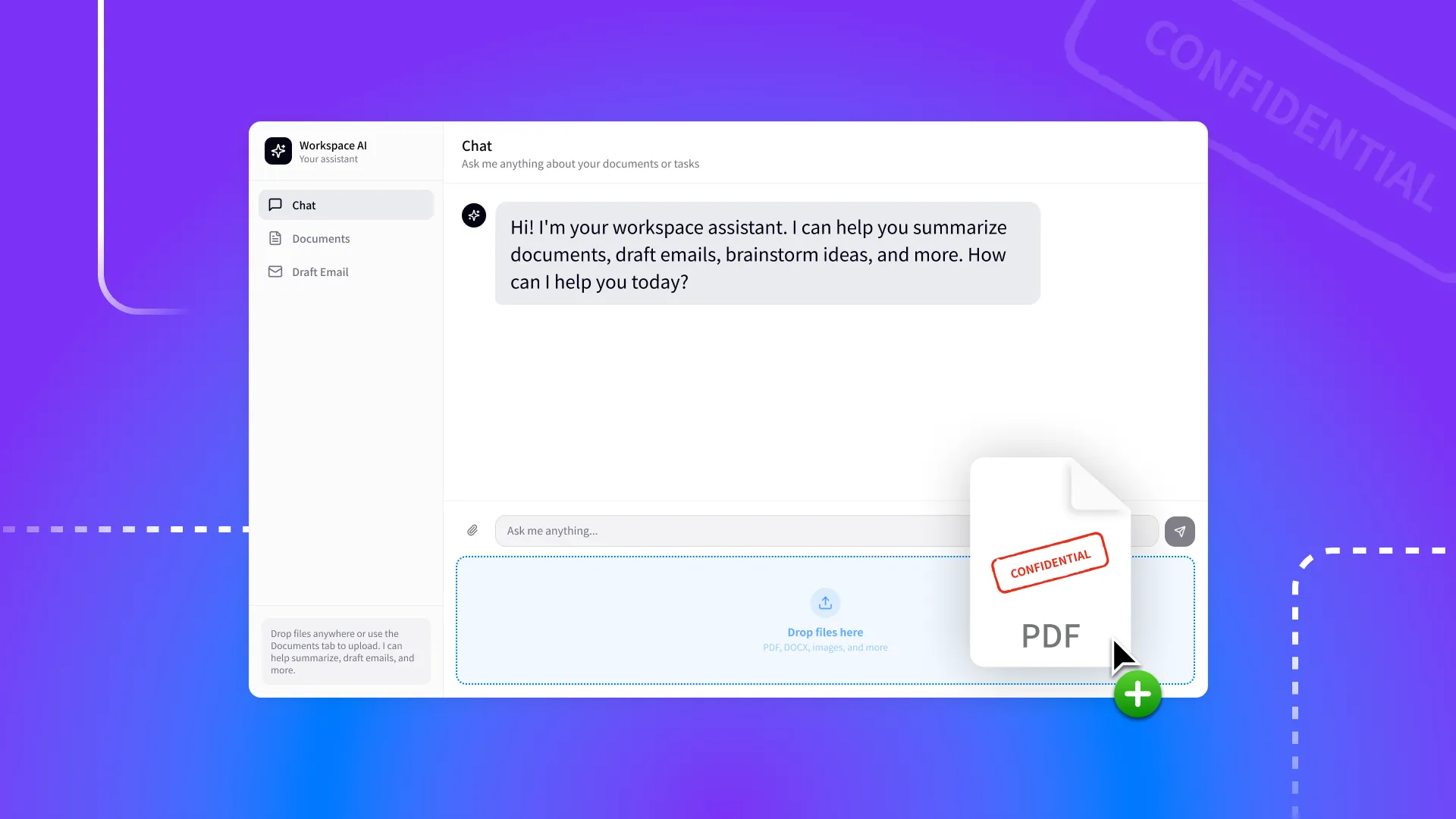 Illustration of shadow AI data exposure showing a confidential PDF being uploaded into an unmanaged workspace AI chatbot.
