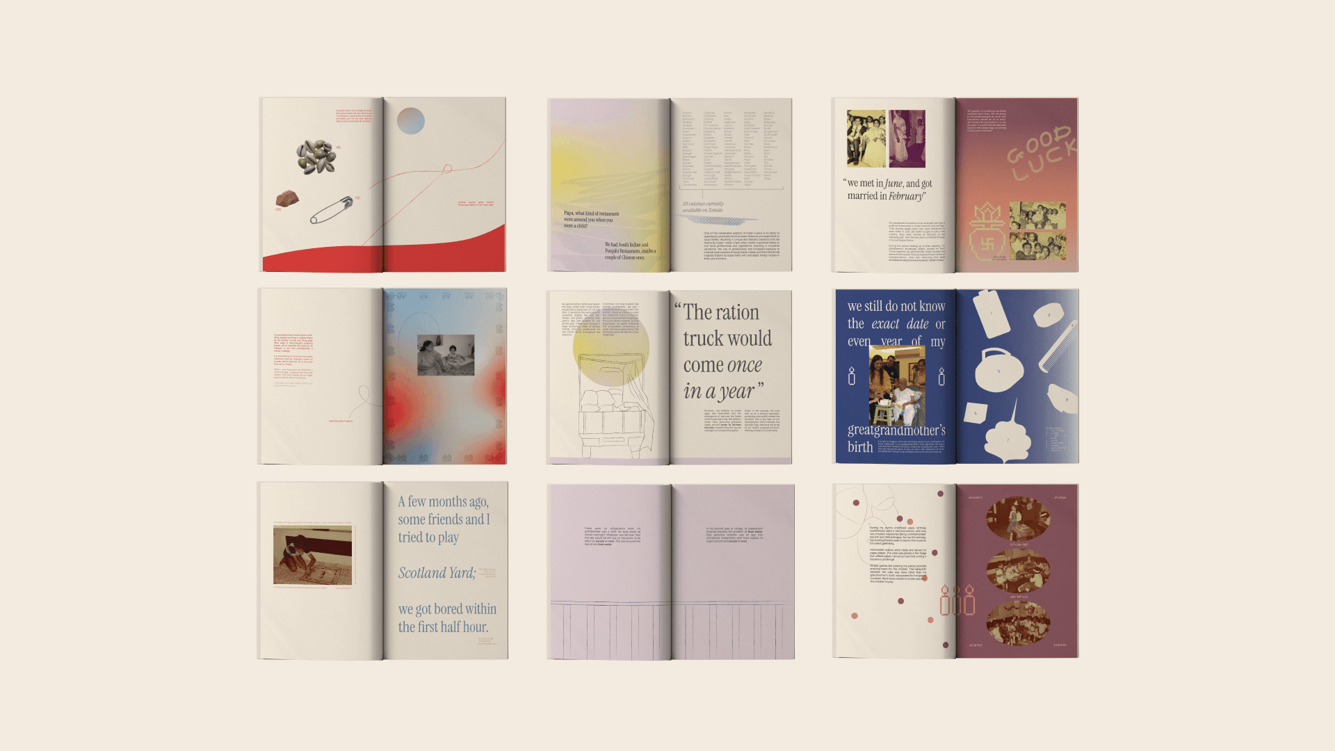 covers of several beige books with writing and illustrations on them