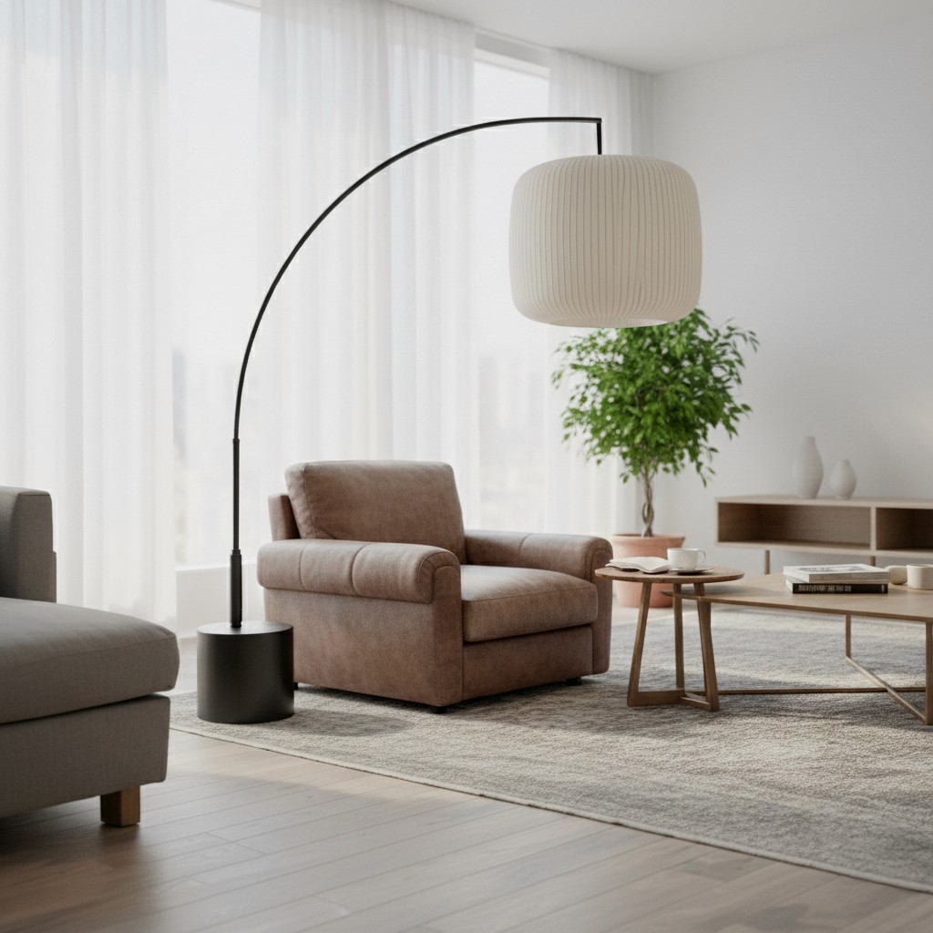 A minimalist living space showcasing a large black arched floor lamp with a pleated cream shade. The room includes a brown leather armchair, a light wood coffee table, and a potted green tree in the background.