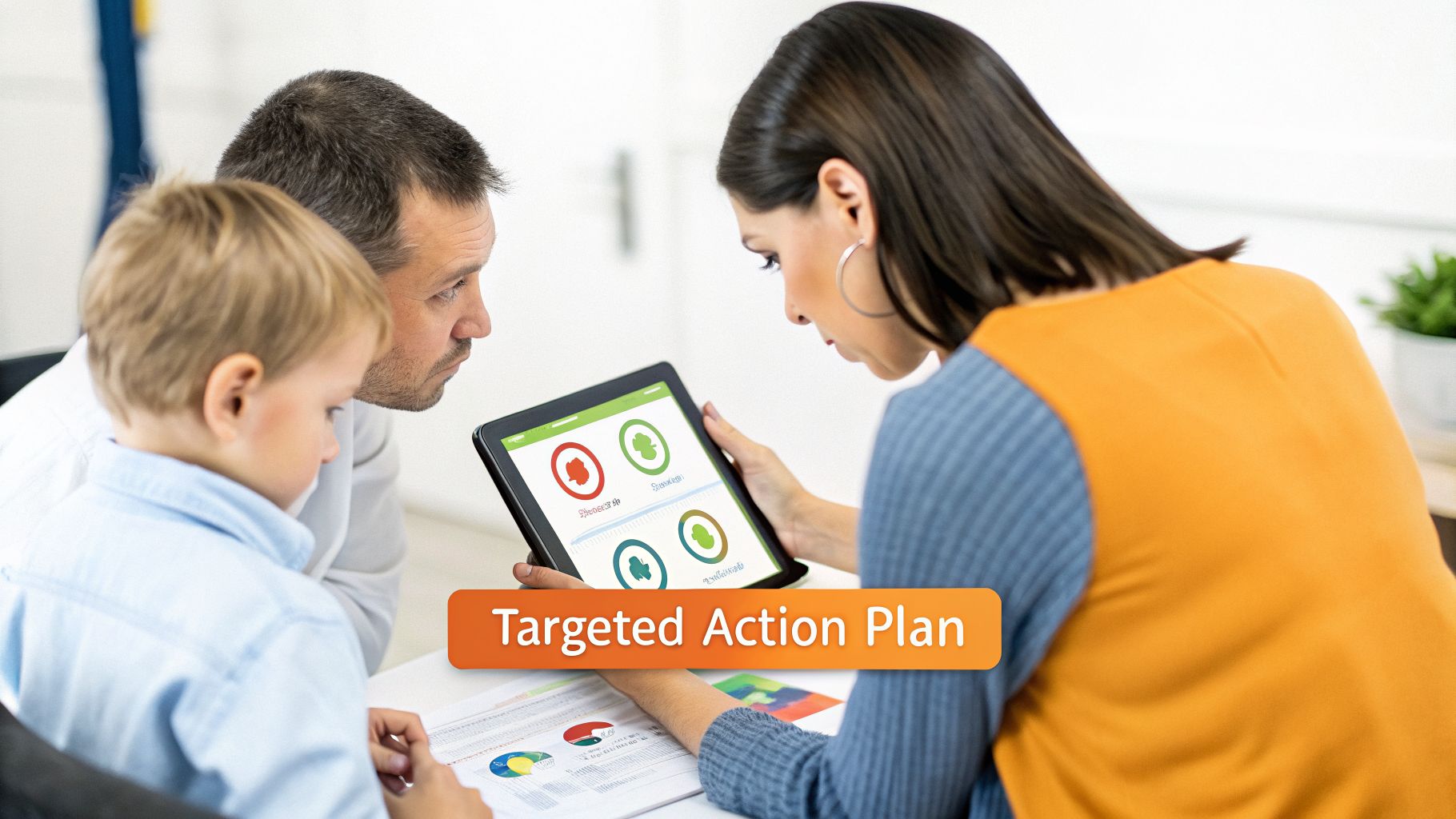 A family reviews a tablet displaying a 'Targeted Action Plan' with performance indicators.