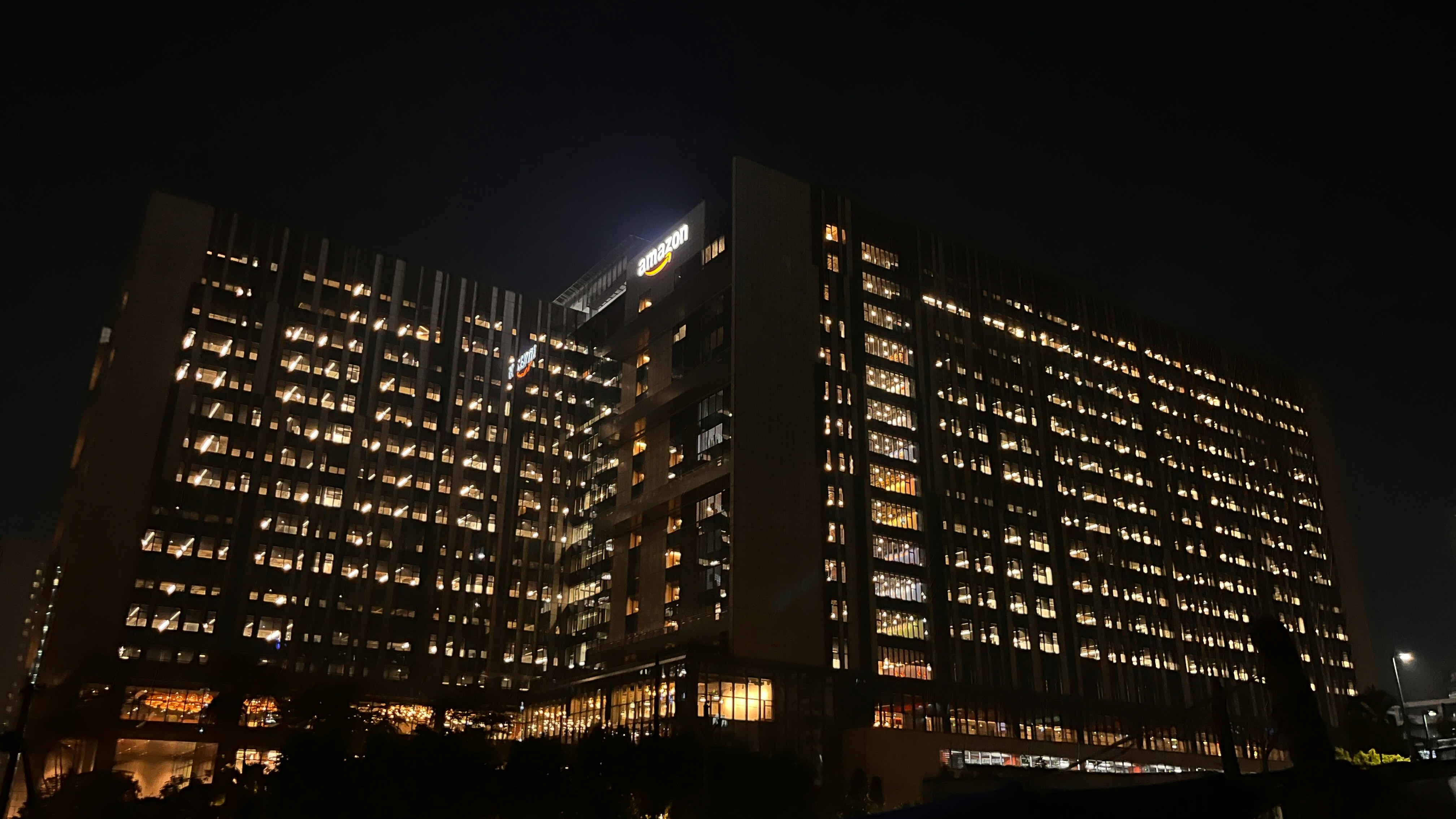 Modern office building illuminated at night
