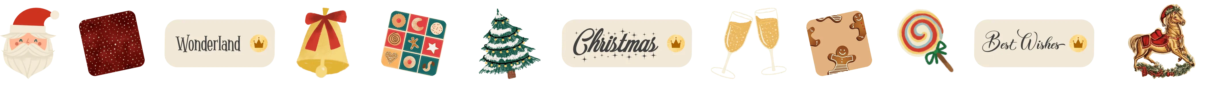 ow of small holiday icons including Santa, Christmas tree, glasses, and festive words