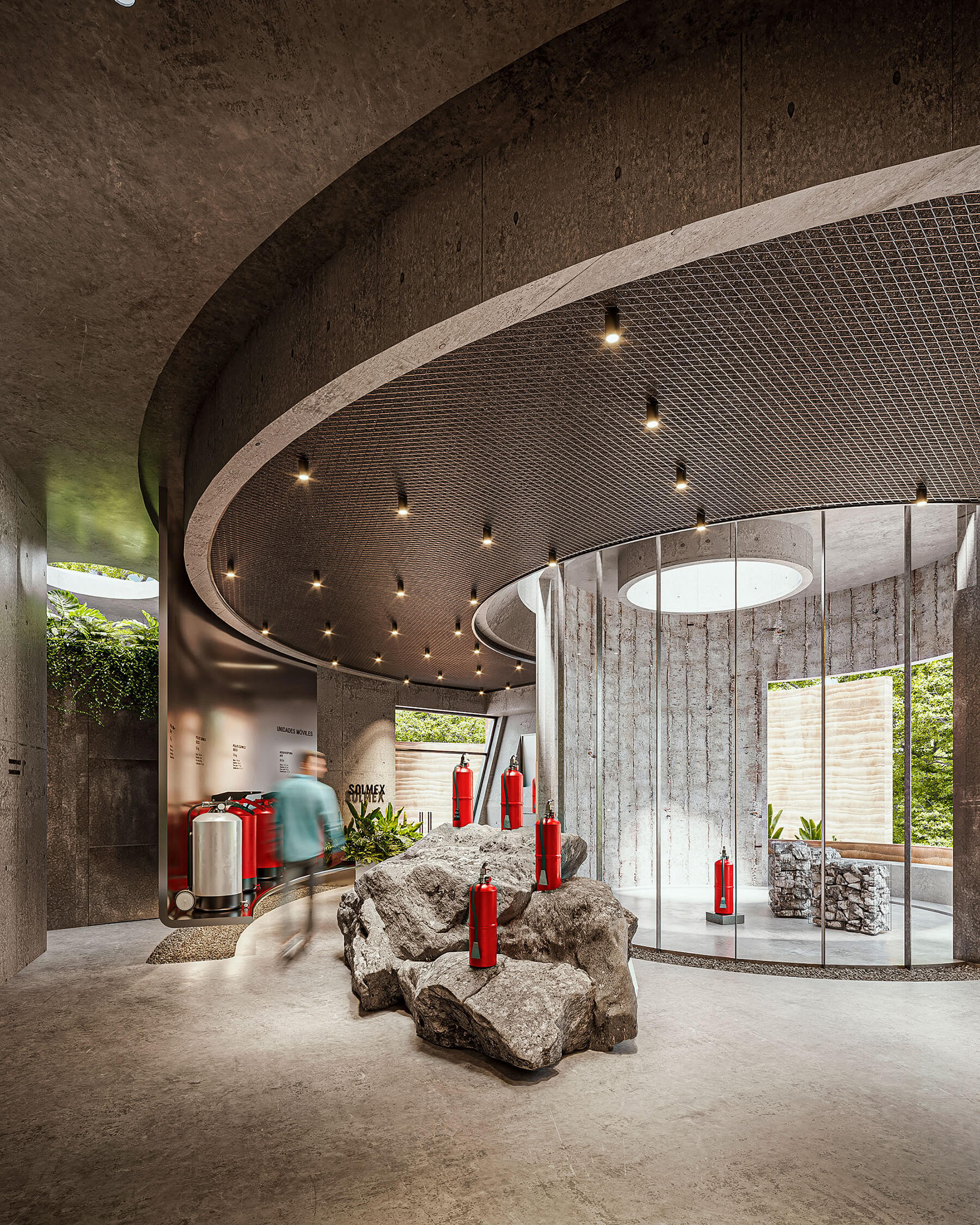 Modern living room with large windows overlooking trees