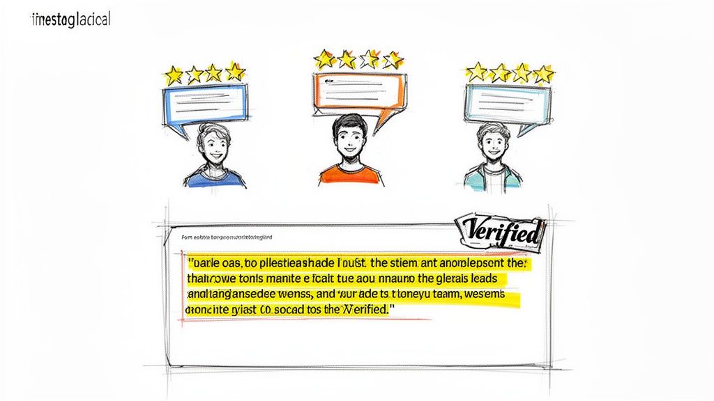 Three cartoon people with five-star review speech bubbles, illustrating verified customer testimonials.