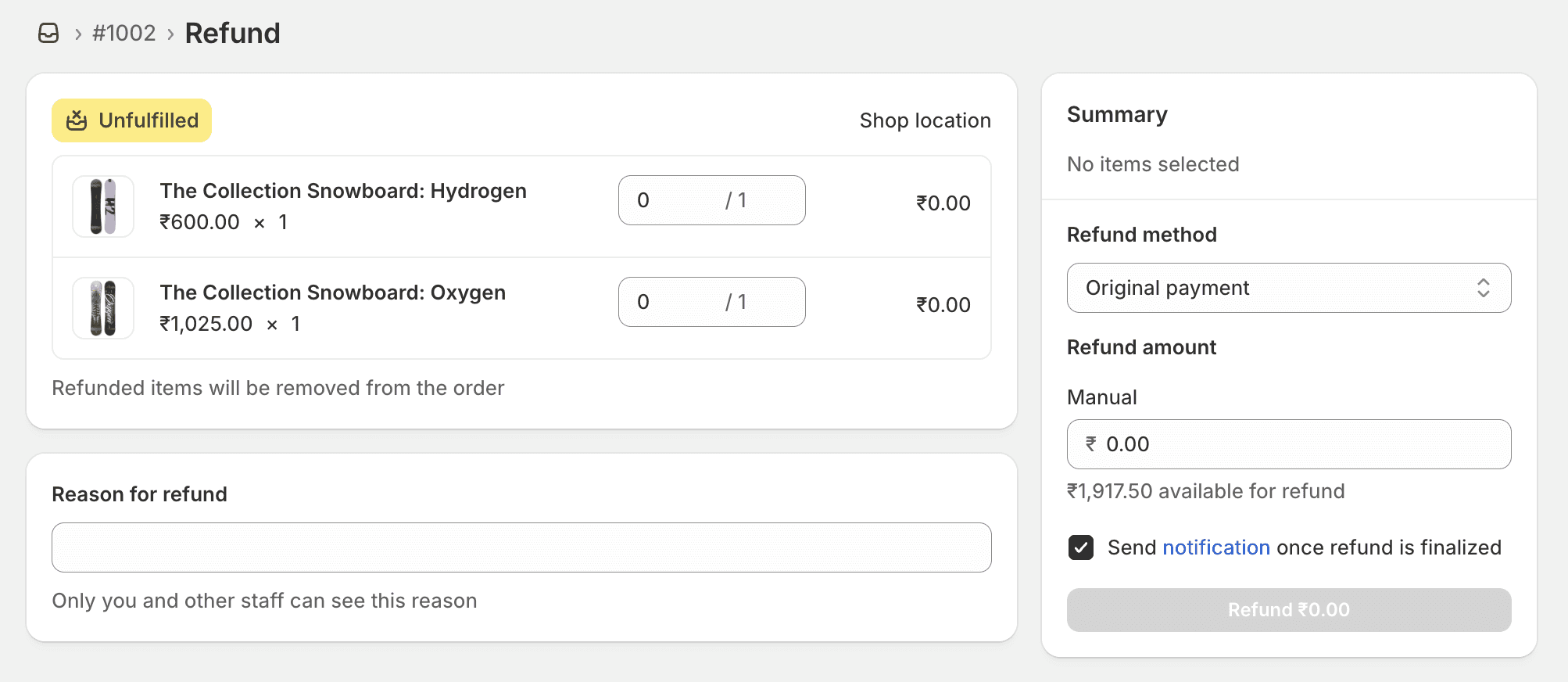 Shopify Admin Orders section to refund the order amount