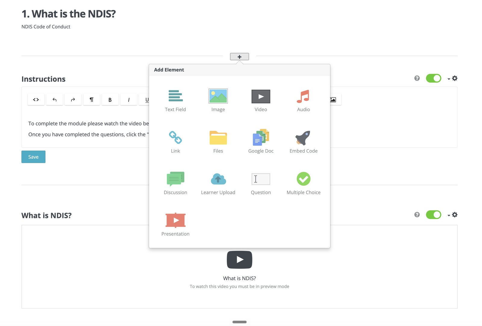 Wyzed module builder being used to customise an NDIS module and add a provider's own video and quiz content