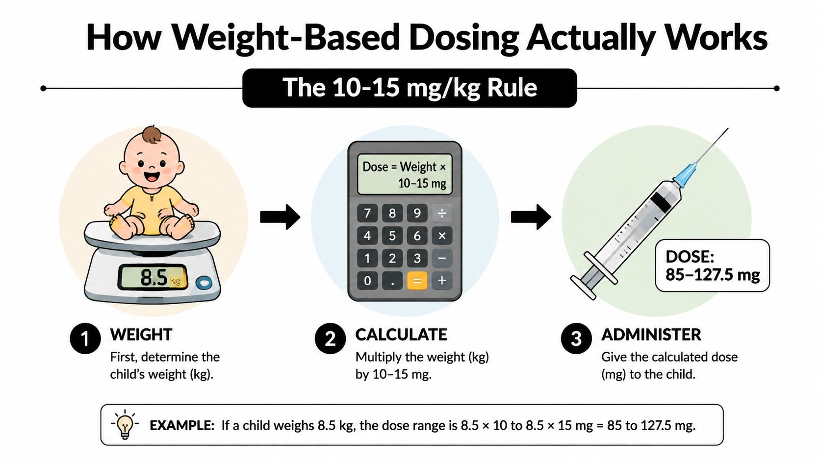 An infographic illustrating how to calculate weight-based medication dosage for infants using the 10-15 mg/kg rule.