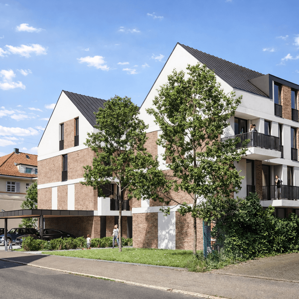 Moderne Architektur des Neubauprojekts Bahnhofstraße 31 in Remshalden-Grunbach. Hochwertige Fassade mit weißem Putz und Klinkersteinen im KfW-55-Standard bei Tageslicht in der Vorderansicht von der Hauptstraße aus.