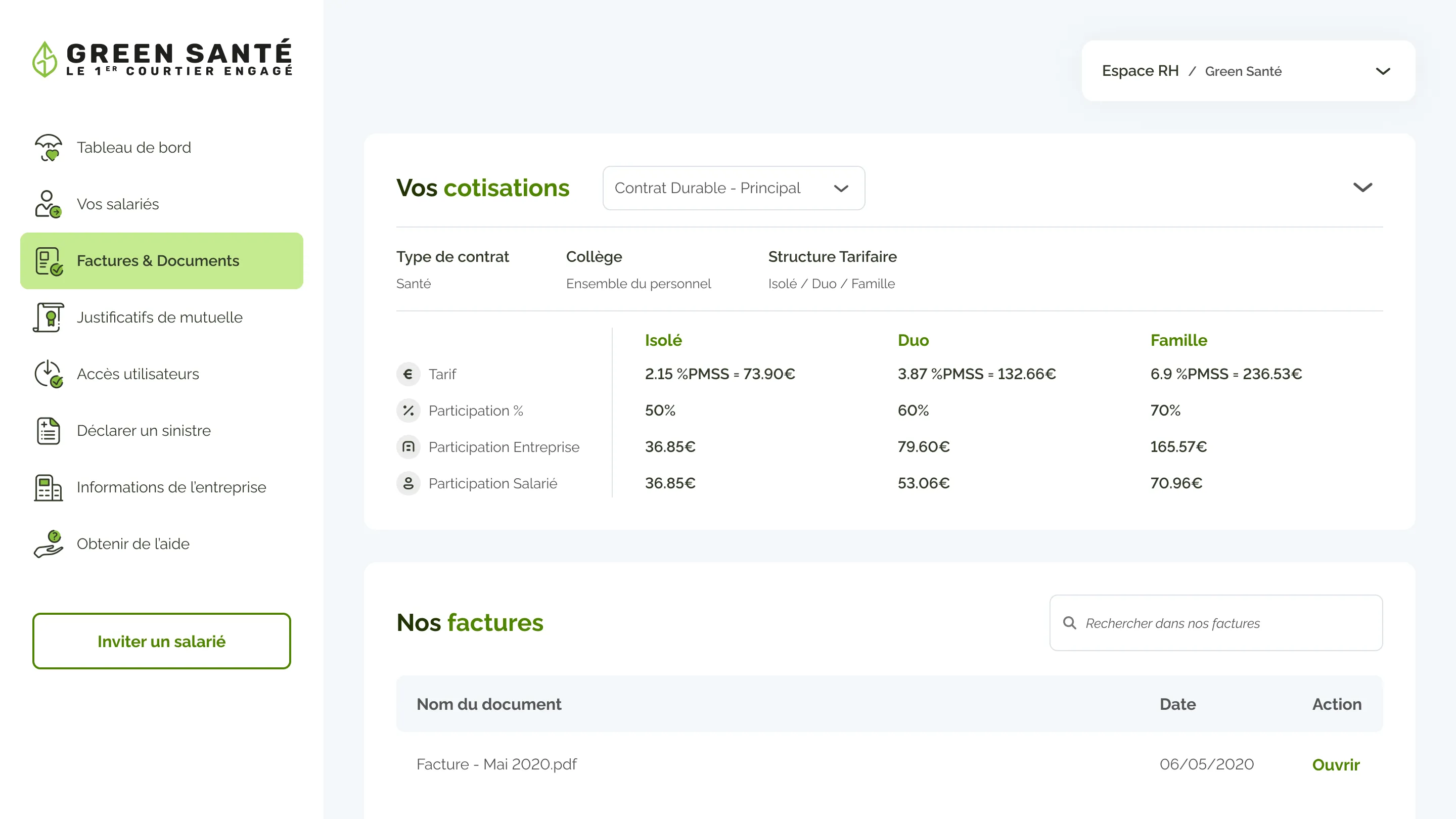 Page montrant les cotisations et les factures disponibles dans l'espace RH