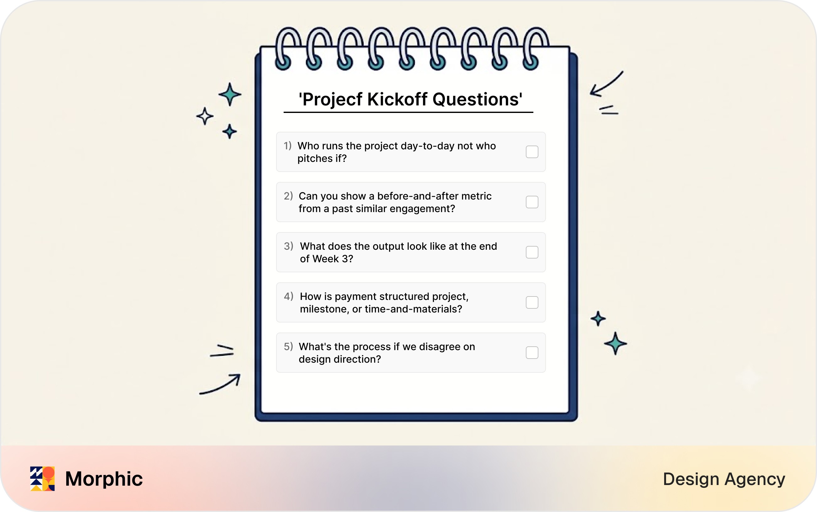 Questions-to-ask-a-UX-agency checklist shown as a clipboard with handwritten-style bullet points