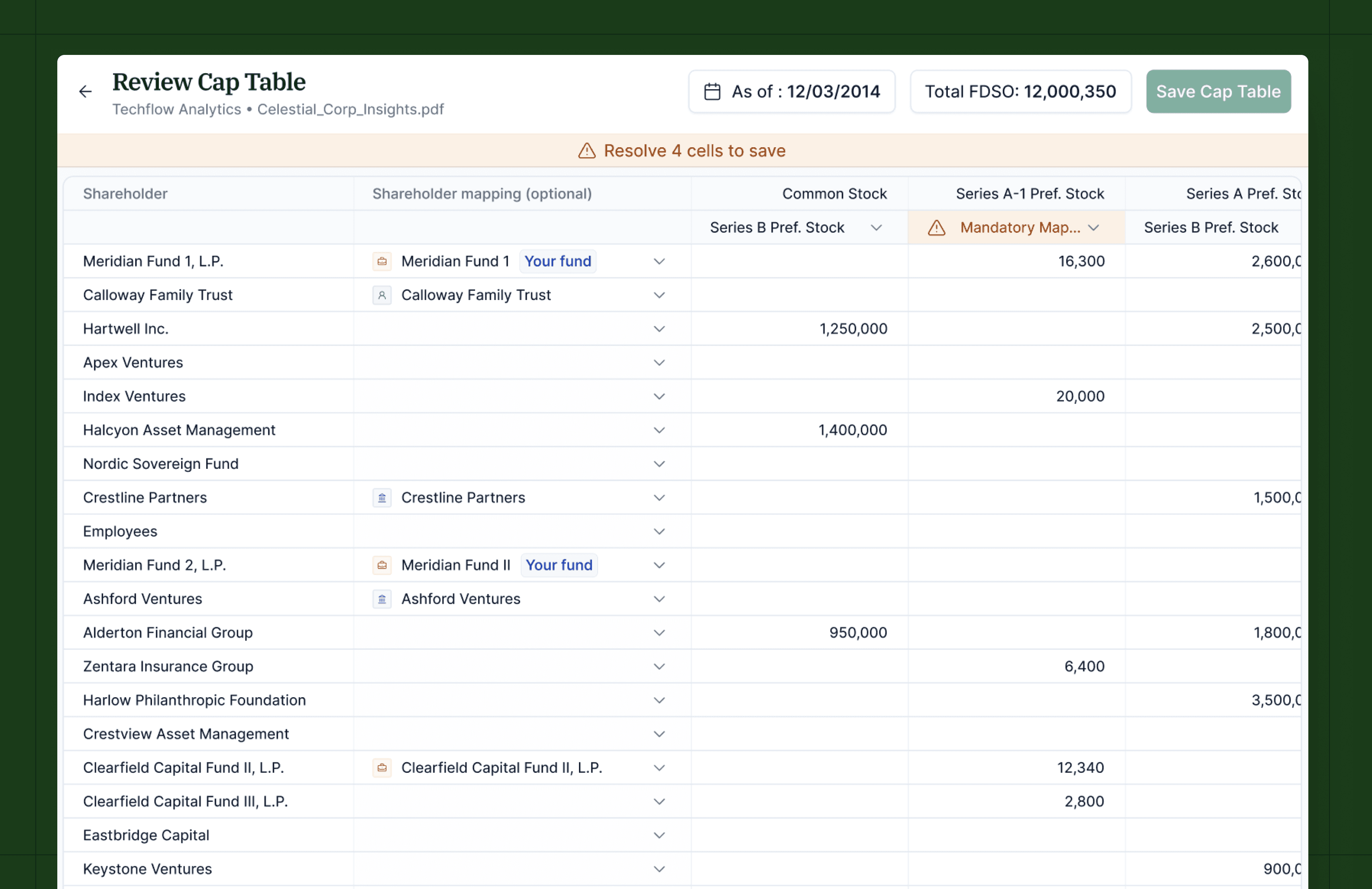 Cap table extraction review — map shareholders, resolve flags, save