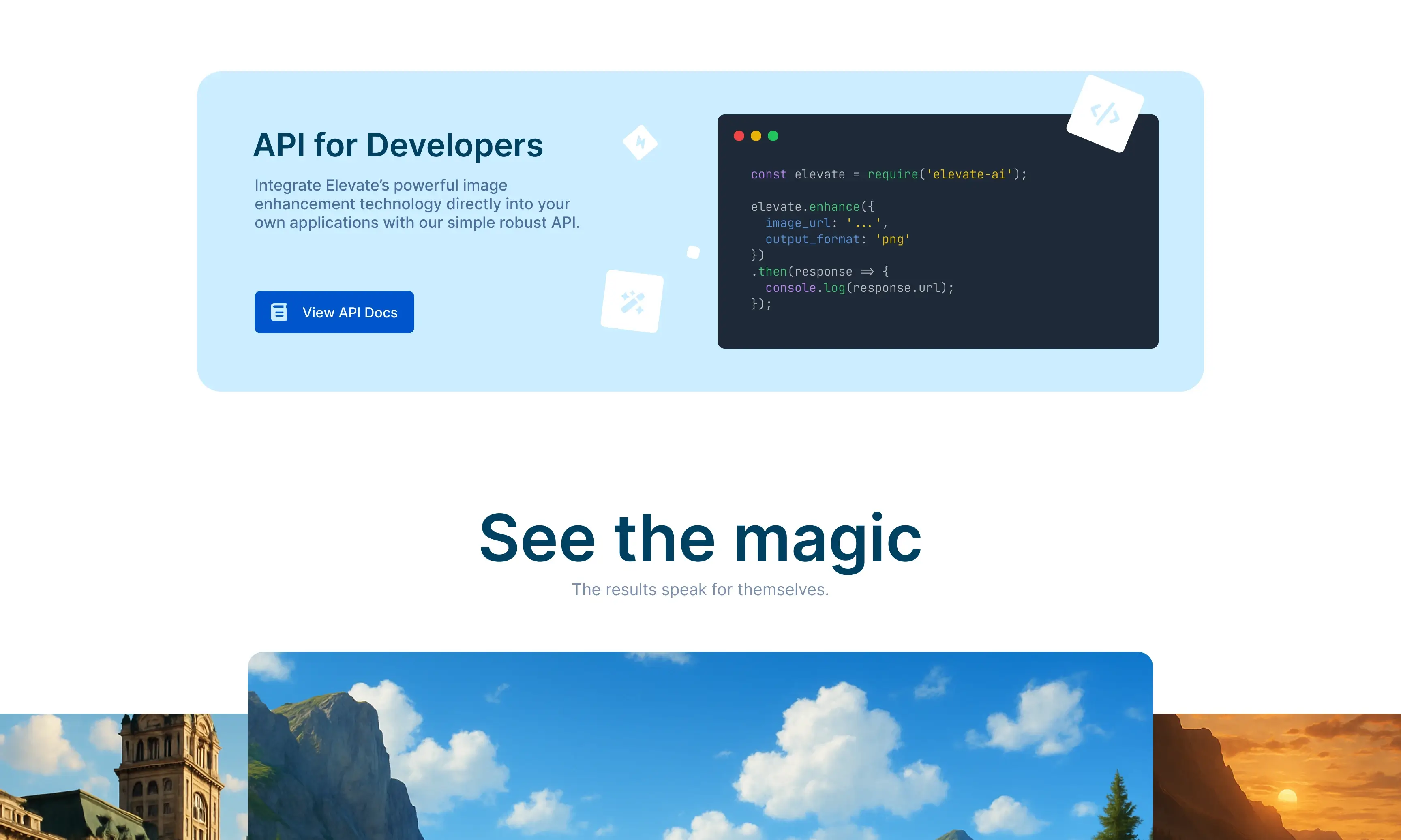 Elevate App developer API UI with code example for AI image enhancement.