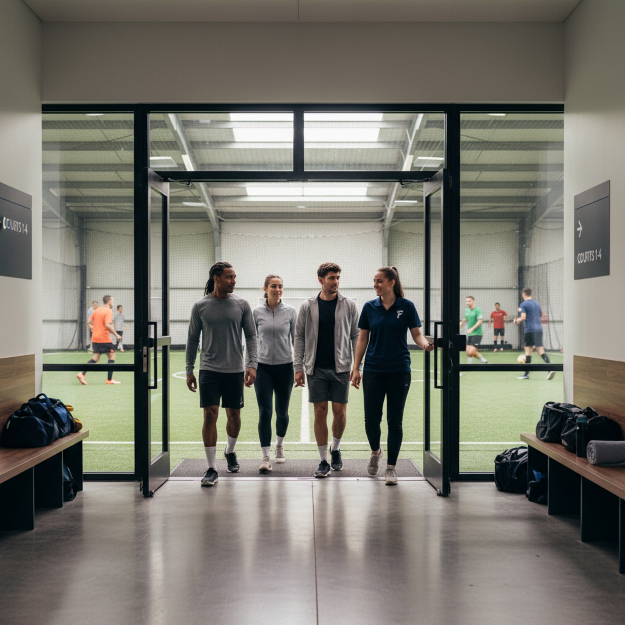 Eine Gruppe betritt durch eine gläserne Tür den Hallengang, Sportschuhe quietschen leise. Auf dem Court im Hintergrund laufen die letzten Minuten eines Spiels. Ein Mitarbeiter öffnet die Court-Tür und winkt die nächste Partie hinein. Alles wirkt fließend und gut koordiniert.