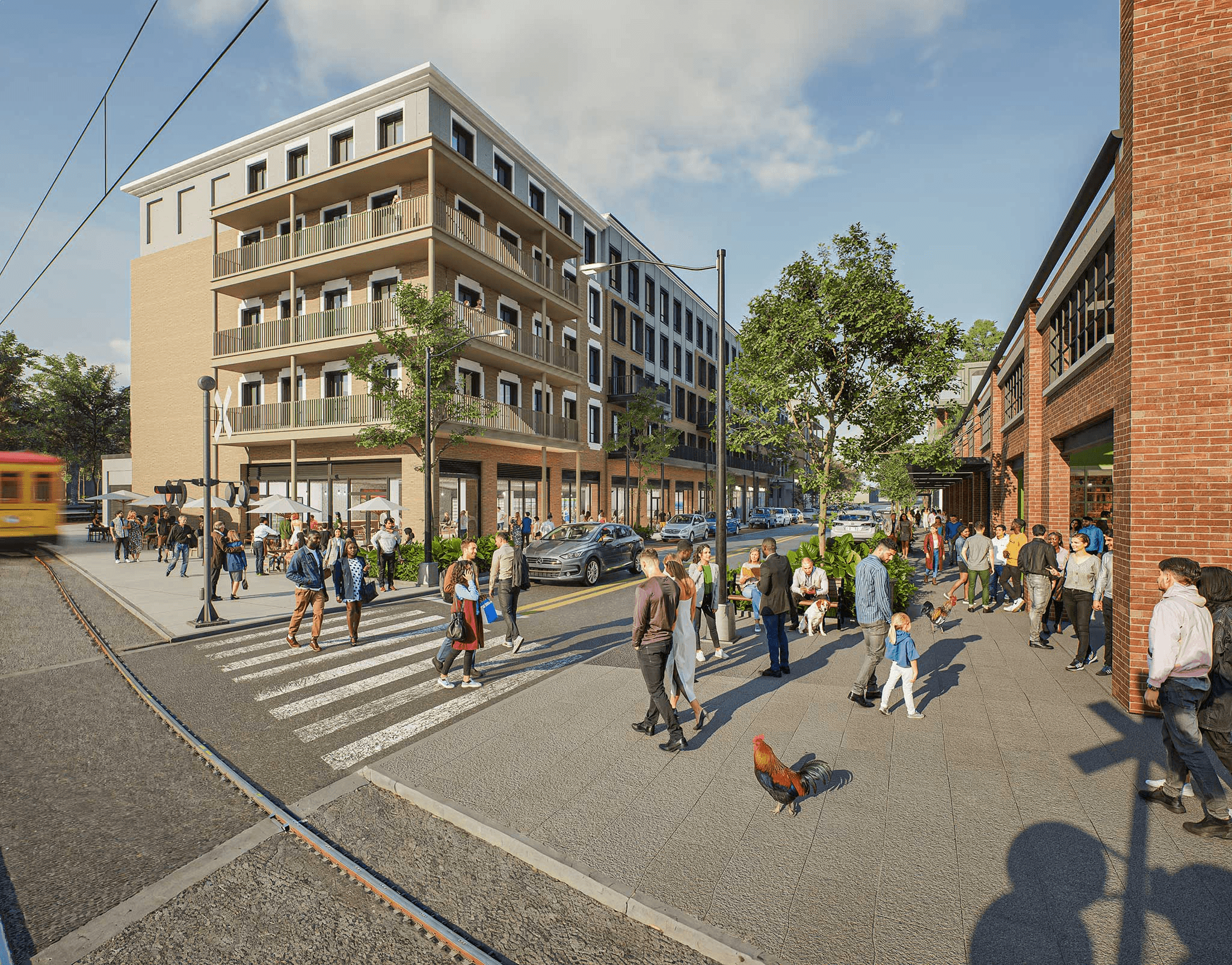 Street-level rendering of Gasworx mixed-use development showing retail storefronts, outdoor dining, and residential buildings in Ybor City