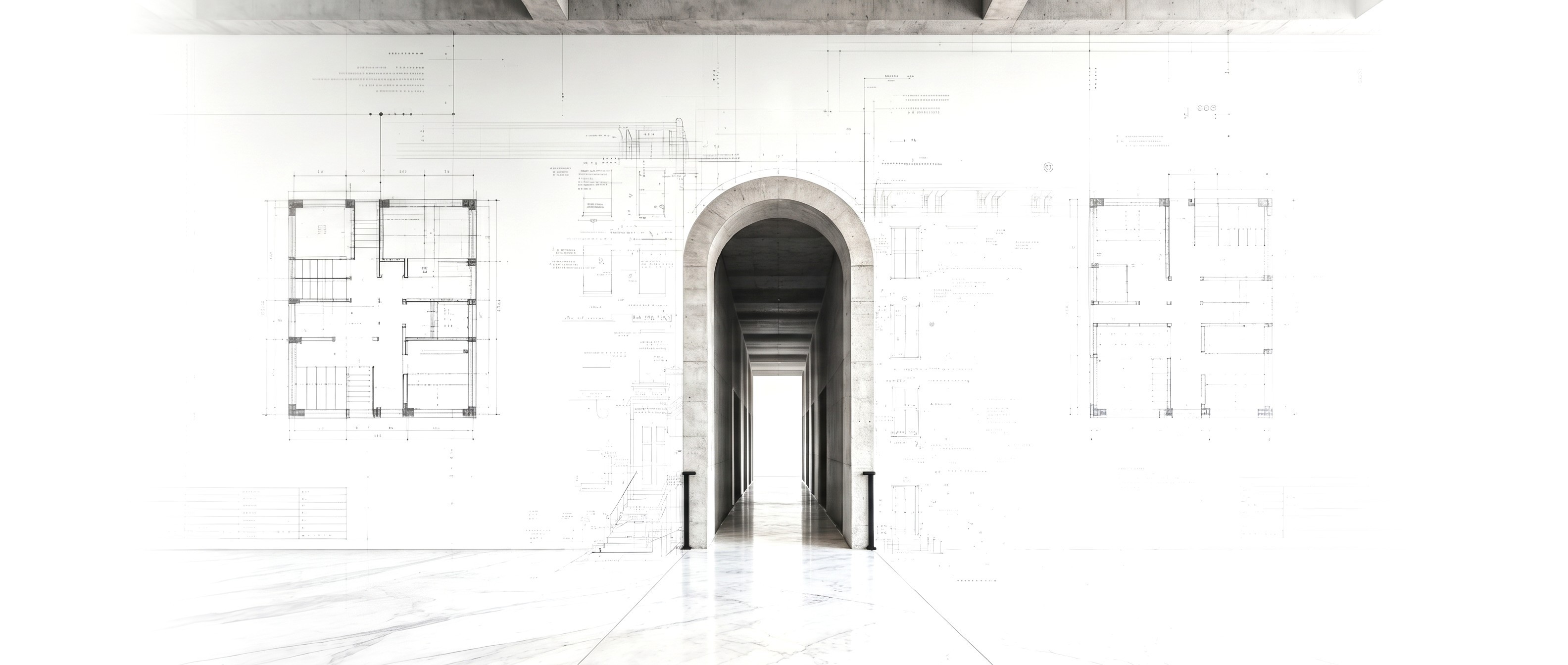 Espaço arquitetônico com planta técnica ao fundo e corredor em arco, representando estruturação patrimonial e planejamento tributário
