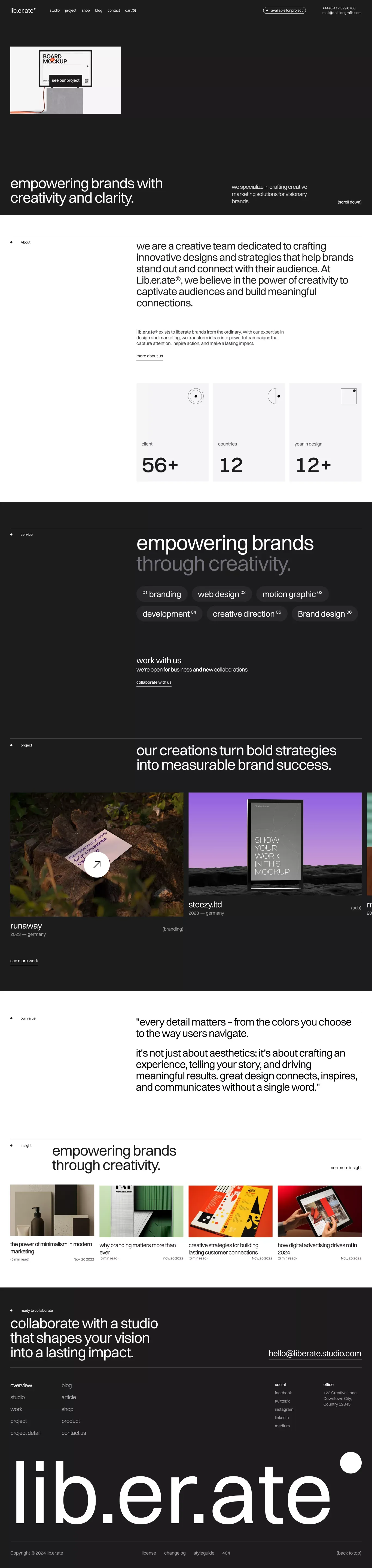 Liberate - HTML Webflow template portfolio page screenshot showcasing Advertising and Design design