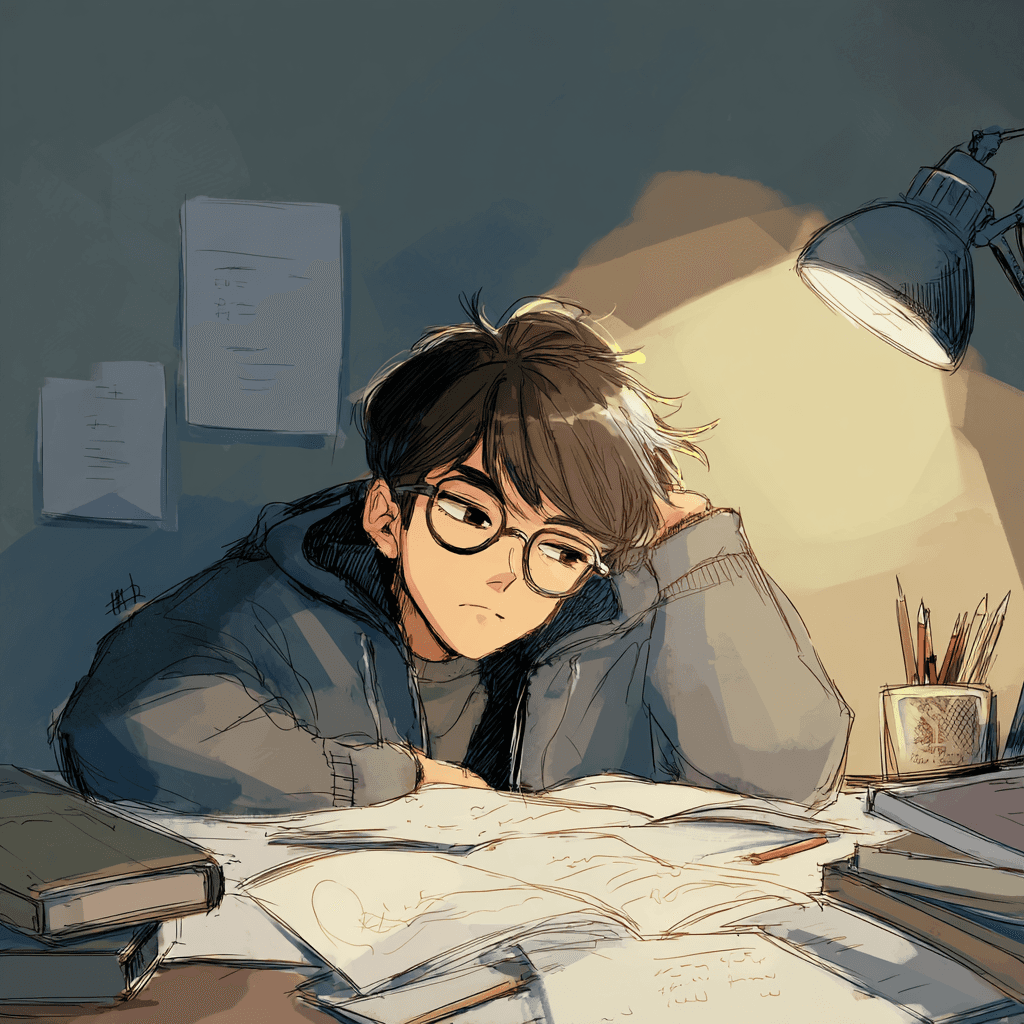 a person with a exhausted expression, resting his head on his hand palm