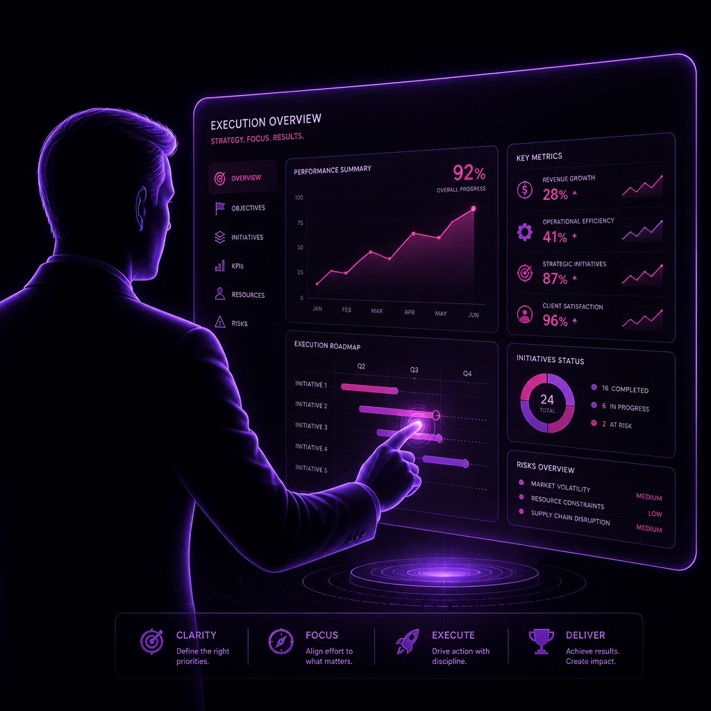 A minimalist digital illustration representing Senior-Level Execution. A focused, glowing violet silhouette of a professional figure working at a futuristic, holographic interface.