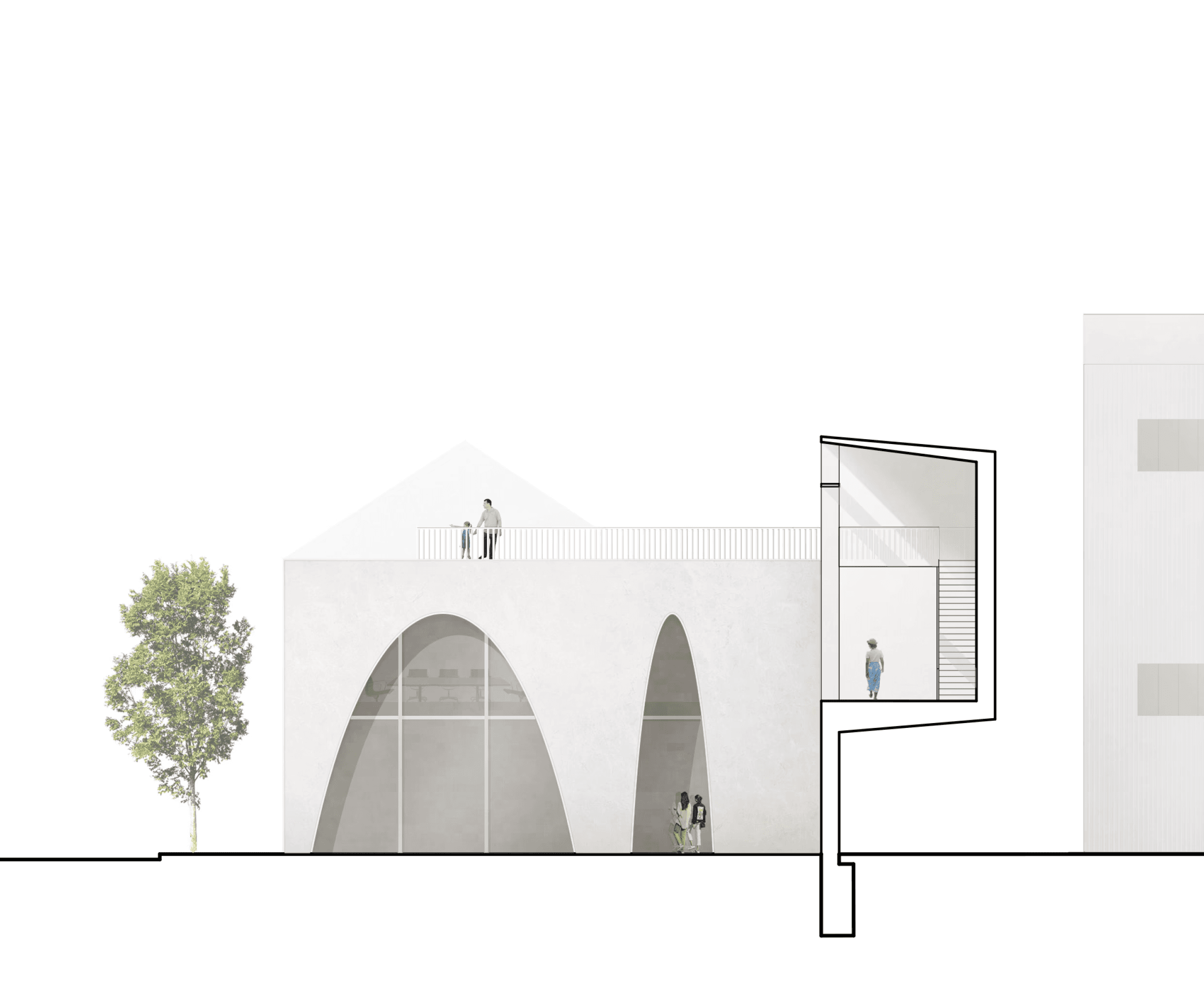 Schnittansicht des Vorplatzes im Projekt Tankstelle Kyritz mit räumlicher Sequenz