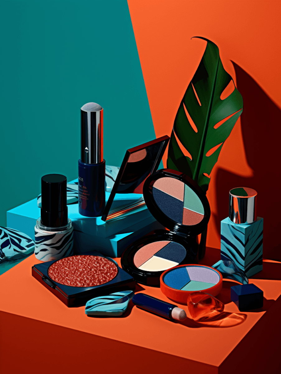 Colorful makeup products and perfume on a teal and orange background.