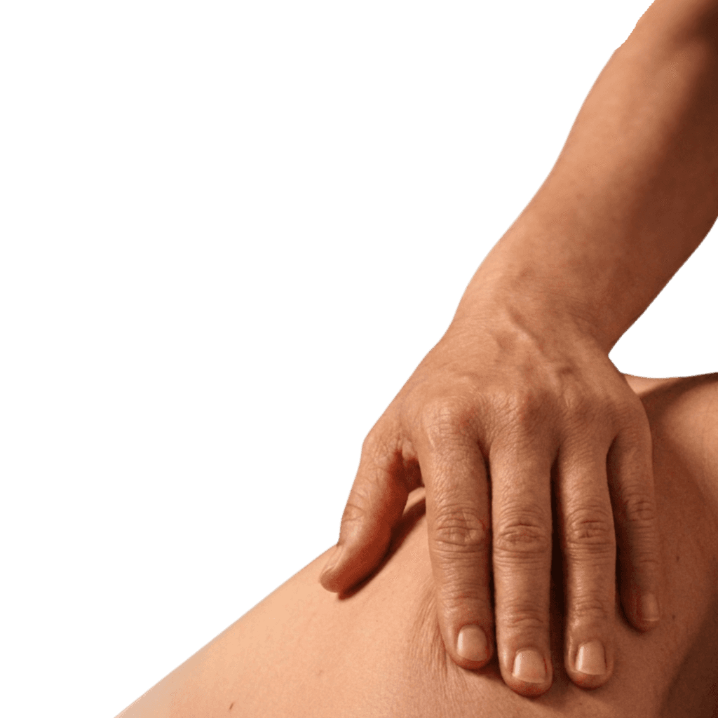a hand massaging a patient's upper back