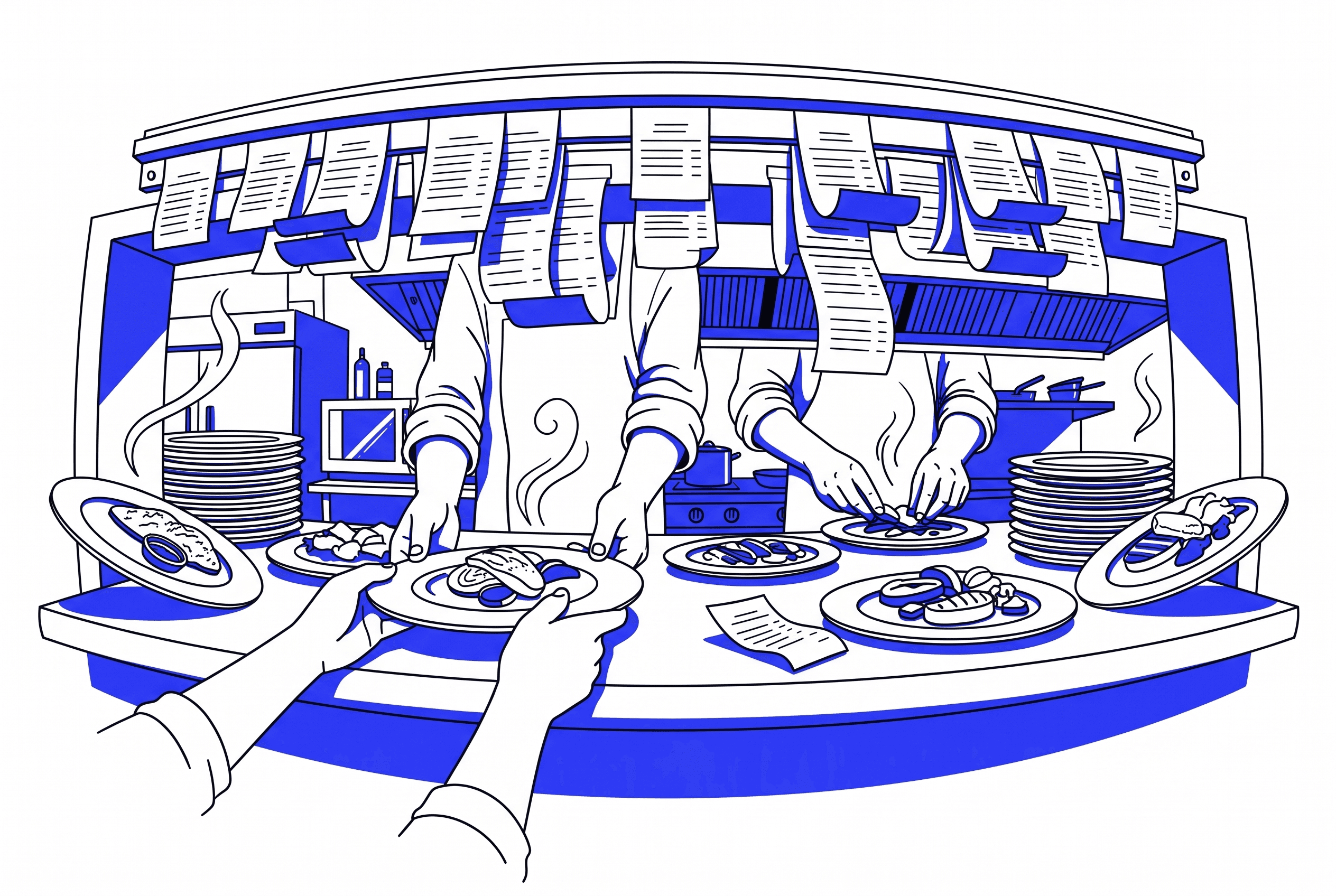 Restaurant kitchen pass window overflowing with order tickets and plated dishes during peak hours, representing kitchen workflow optimization challenges for multi-location F&B brands in KSA and UAE