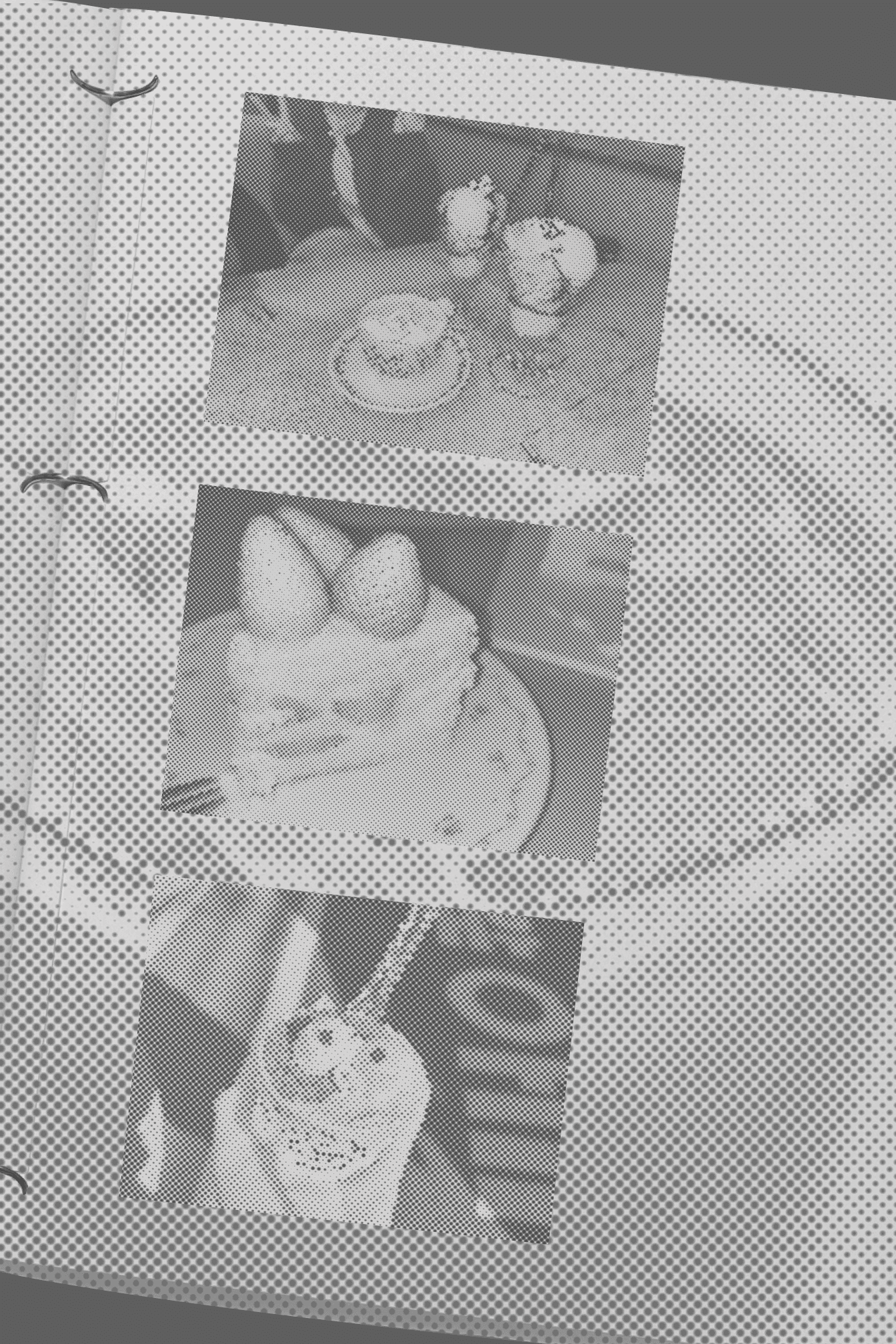 Retrica Halftone CINEINK preset — everyday photos in a grainy black-and-white halftone zine layout