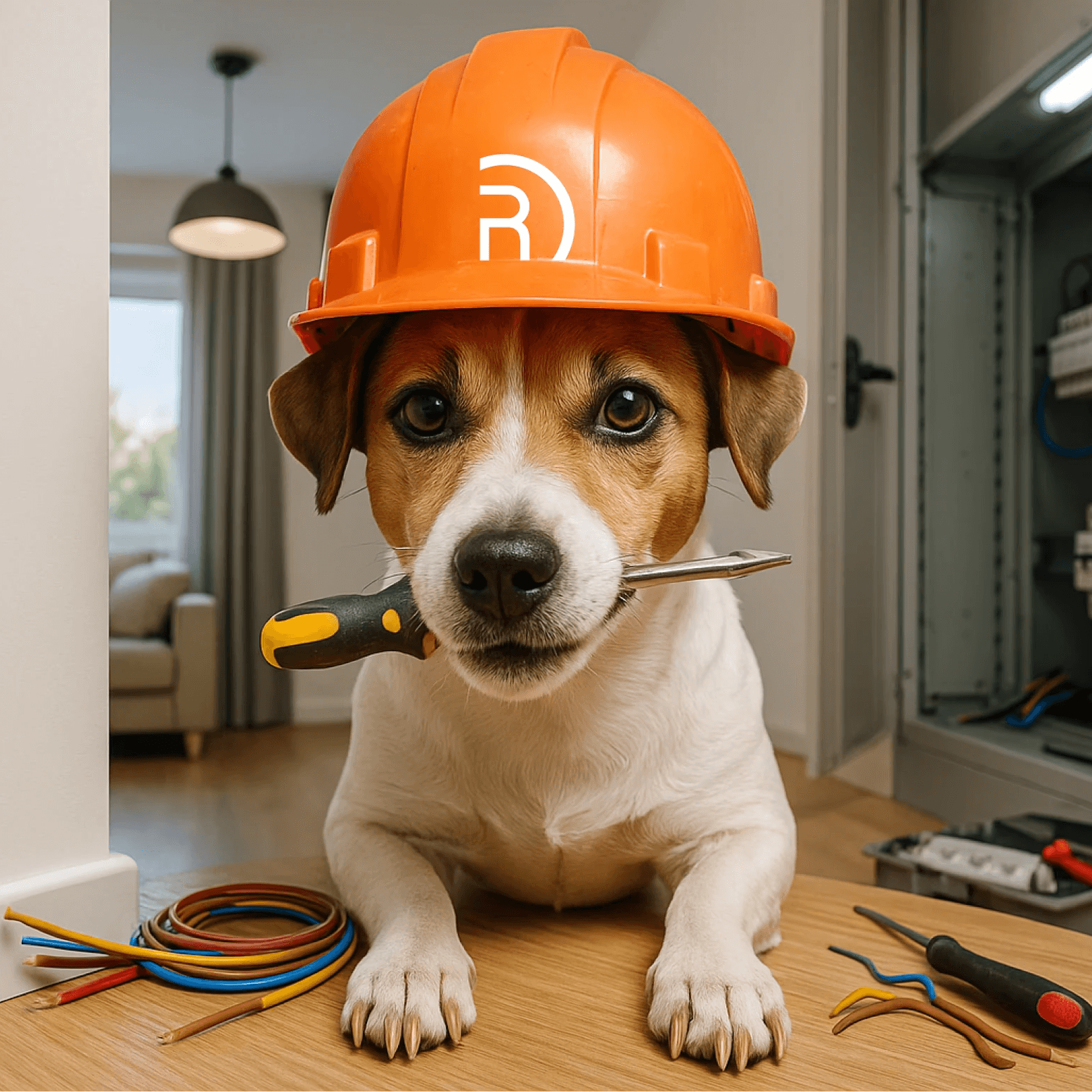 Hund mit Bauhelm und Werkzeug vor einer Elektroverteilung