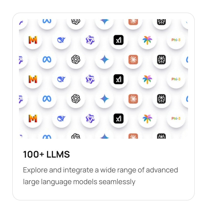 Integration card: a grid of language-model logos titled 100+ LLMs