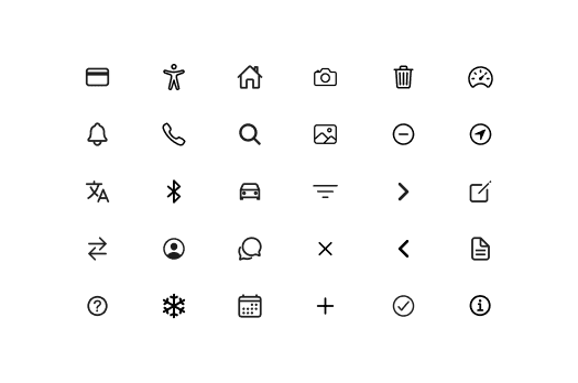 Grid of minimalist line icons representing various interface actions (home, camera, trash, notifications, etc.) from the FlynCar design system.