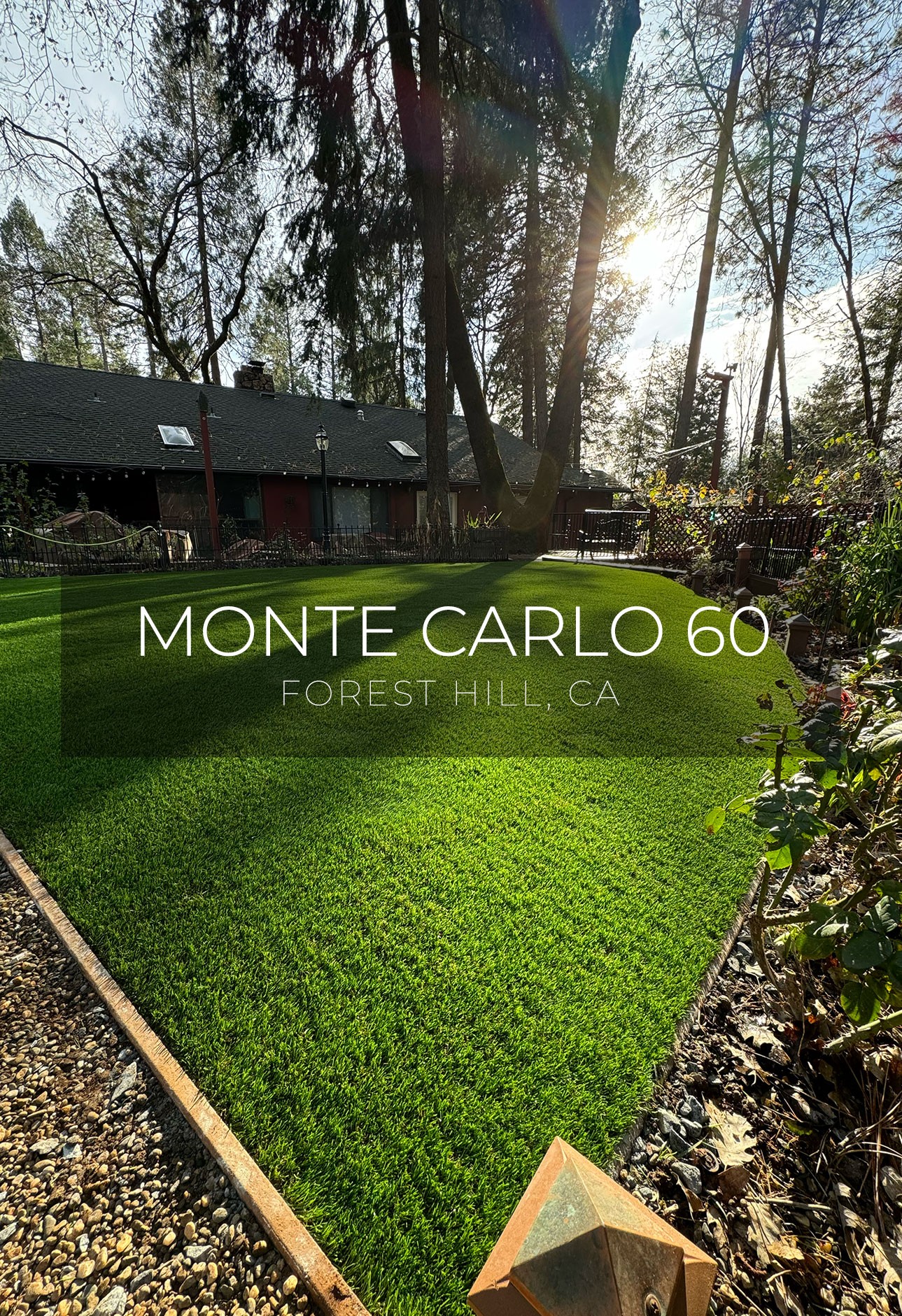 Photograph of a Forest Hill, CA. residence featuring deep green Monte Carlo 60 artificial turf by AGL Grass North.
