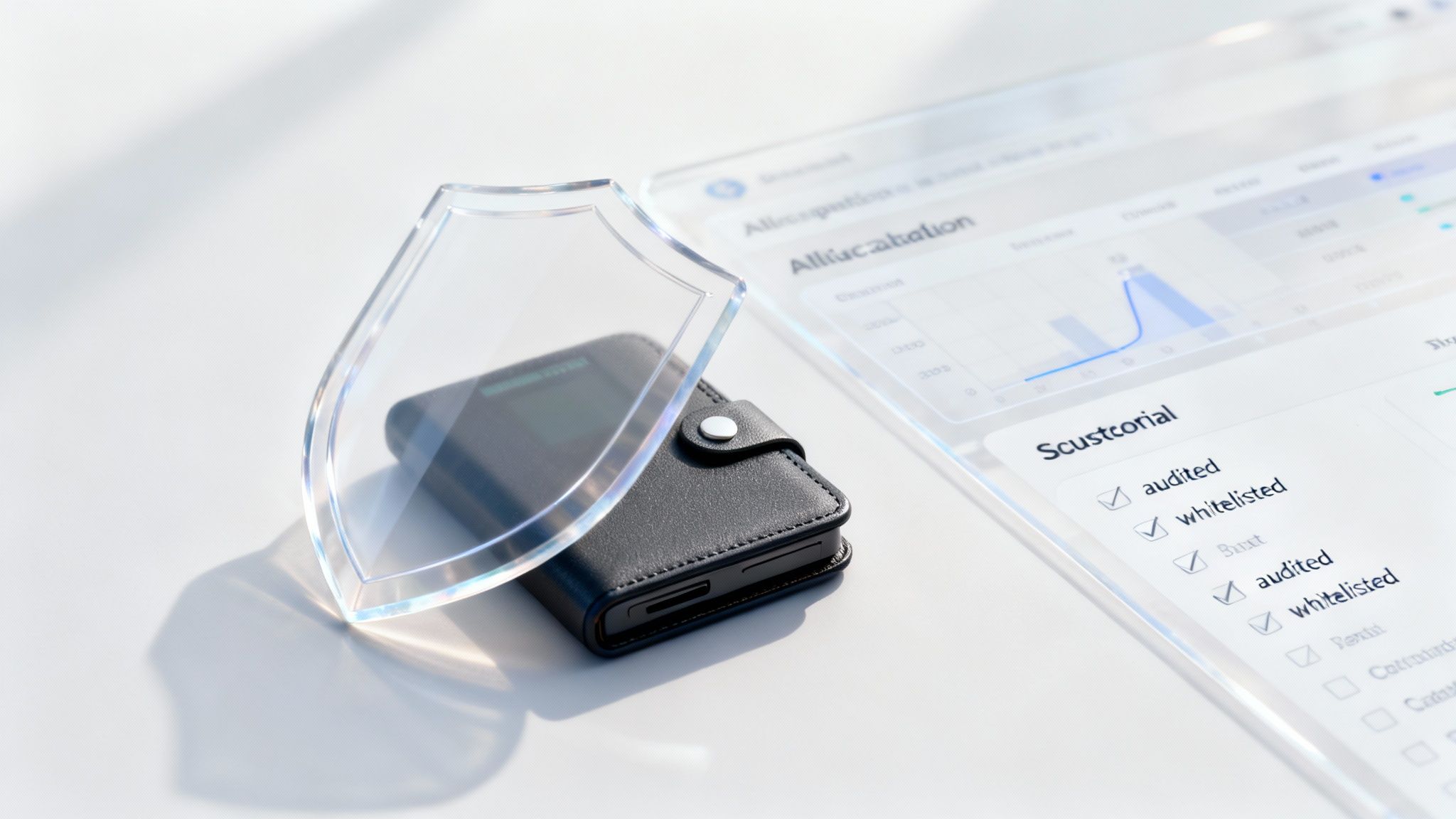 A clear shield protects a hardware crypto wallet, with a blurred screen displaying financial data.