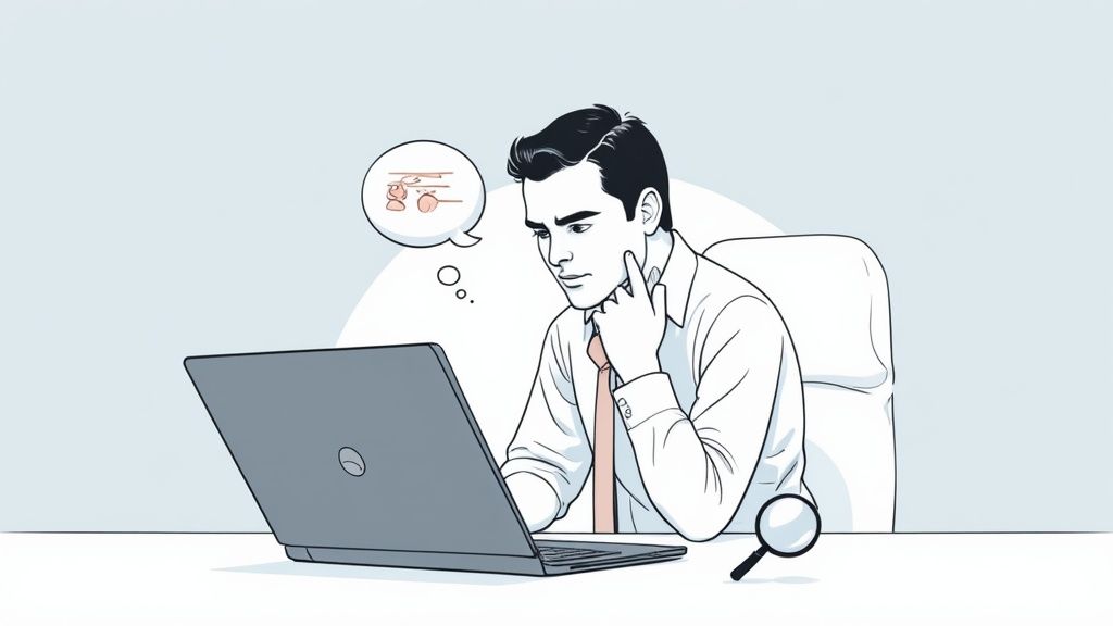 A person calmly looking at a laptop screen displaying online reviews, deciding on a course of action.