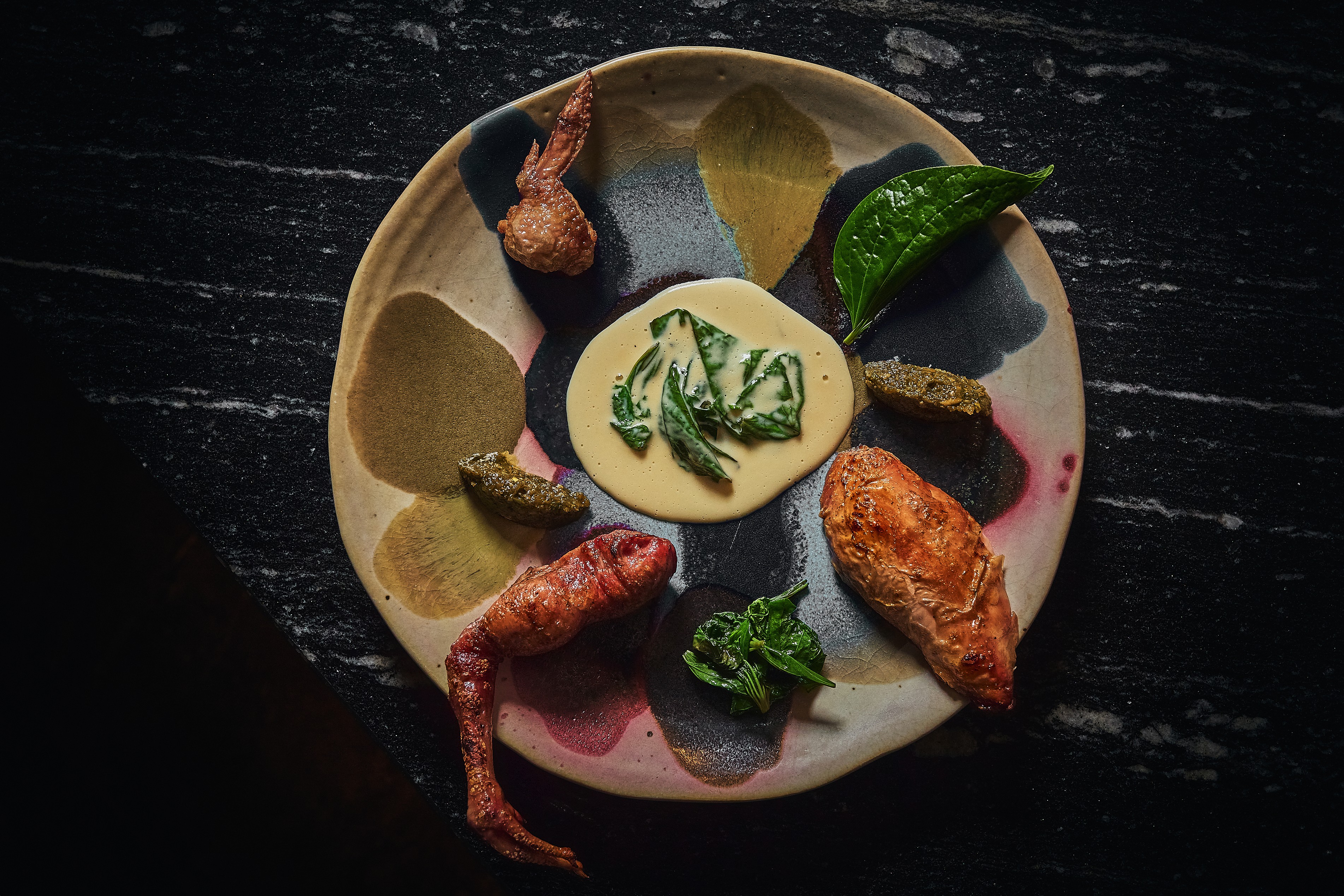 Half Baby Chicken, Wild Pepper Leaf, Smoked Cream, Fermented Pork