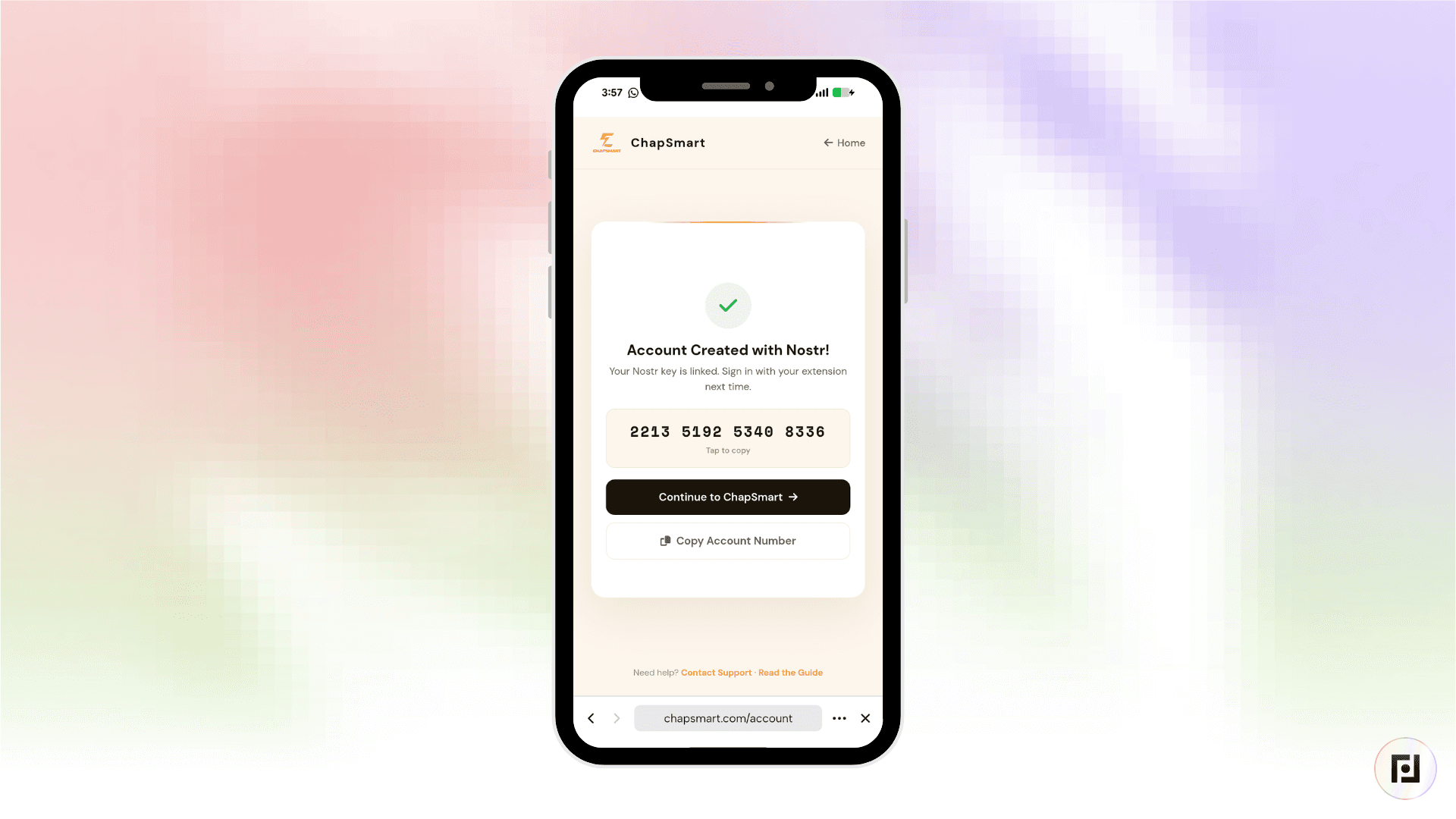 ChapSmart account creation confirmation screen displaying a 16-digit anonymous account number inside the Fedi app