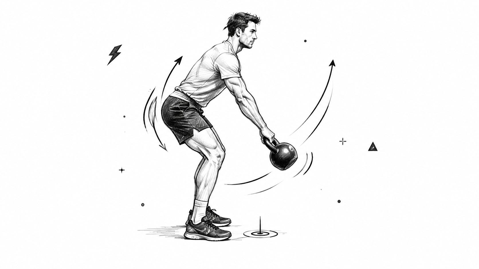 A pencil sketch of a man performing a kettlebell swing exercise with motion arrows indicating movement.