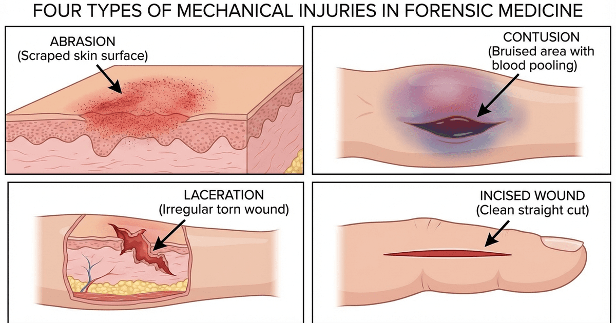 Cover: Types of Mechanical Injuries in Forensic Medicine: Abrasions, Contusions, Lacerations and Incised Wounds for NEET PG 2026
