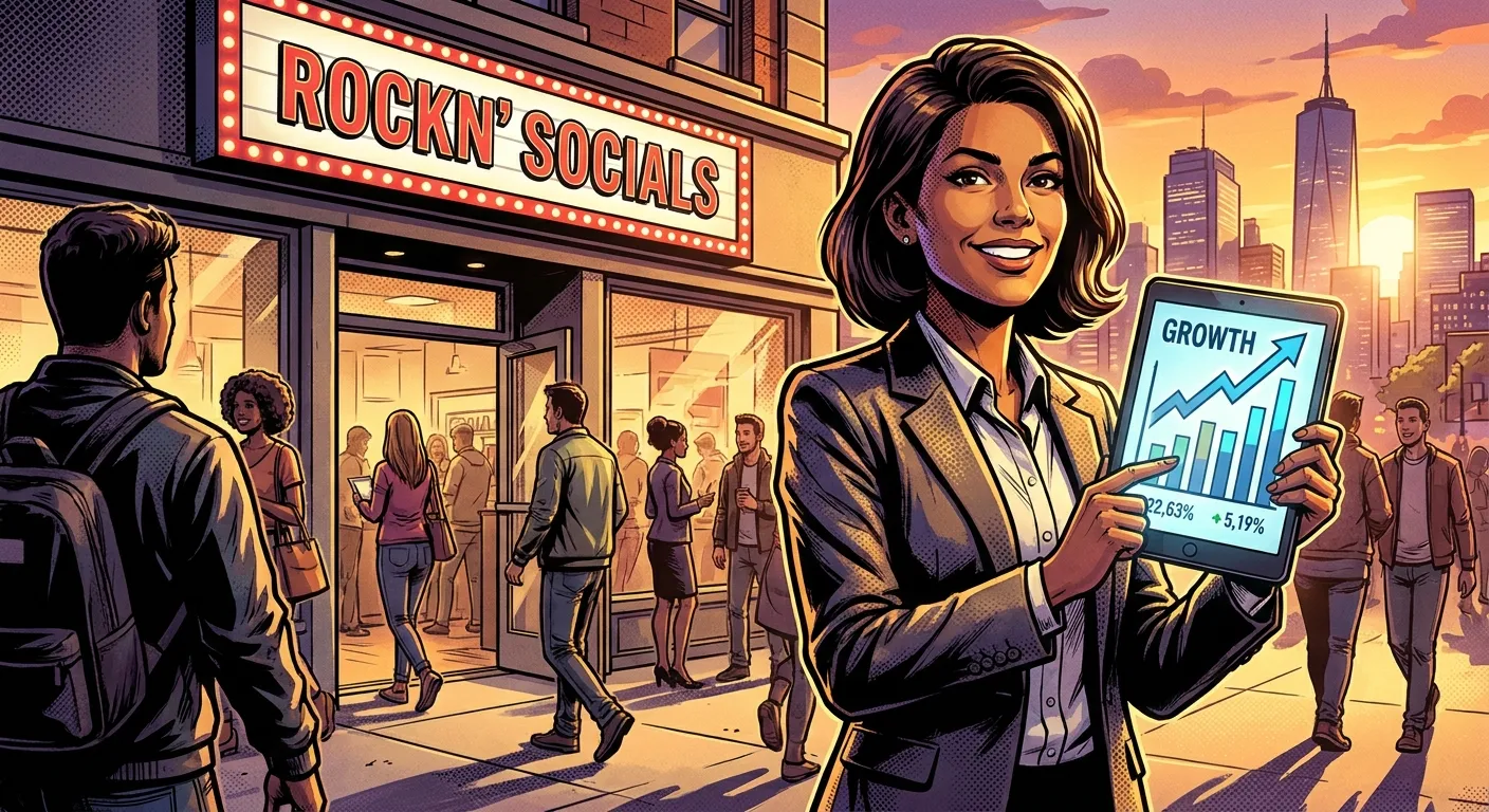 Woman showcasing growth stats outside RockN' Socials Digital Marketing Agency.