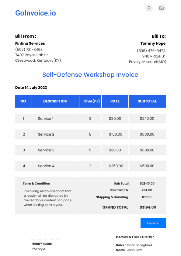 Self-Defense Workshop Invoice