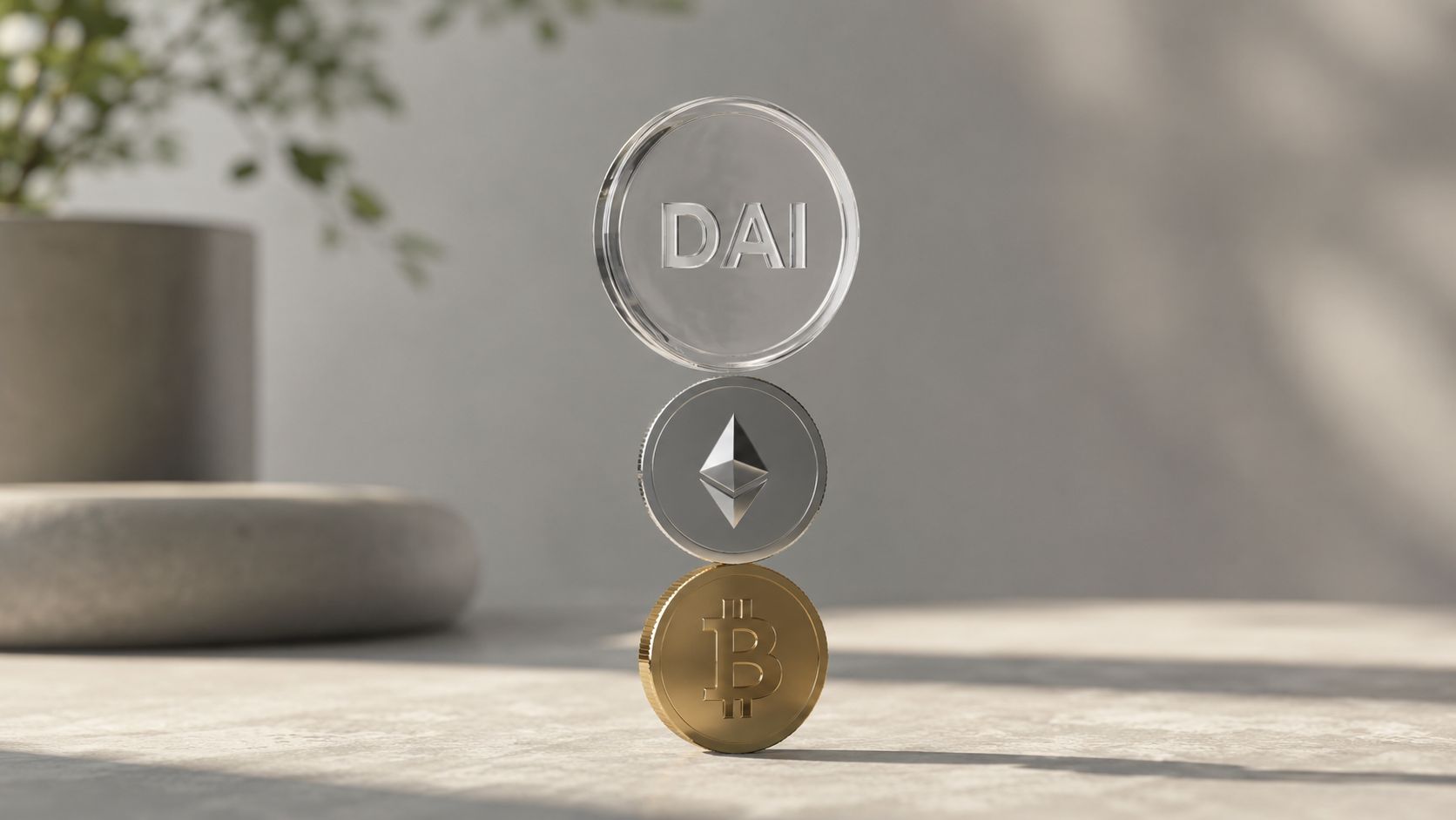 A stack of three cryptocurrency coins including DAI, Ethereum, and Bitcoin resting on a stone surface.