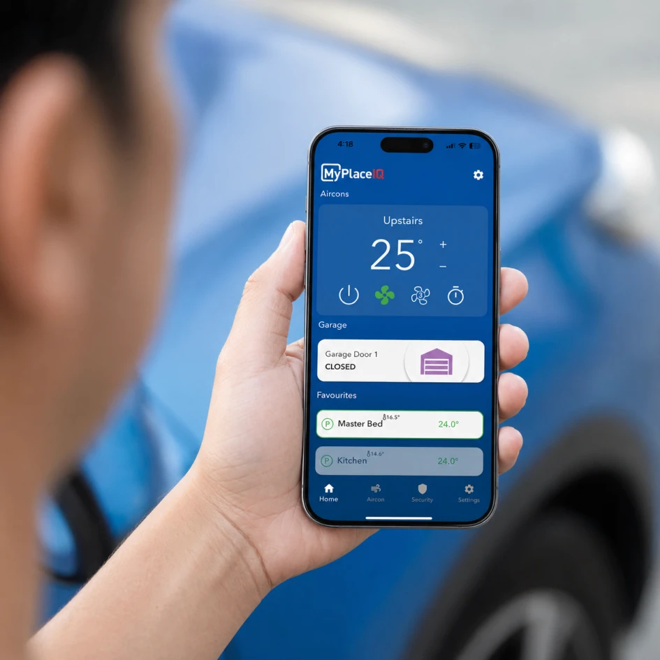 A person holding a smartphone and using the MyPlaceIQ app, demonstrating simple smart-home control and easy-to-use features for managing the entire home from anywhere.