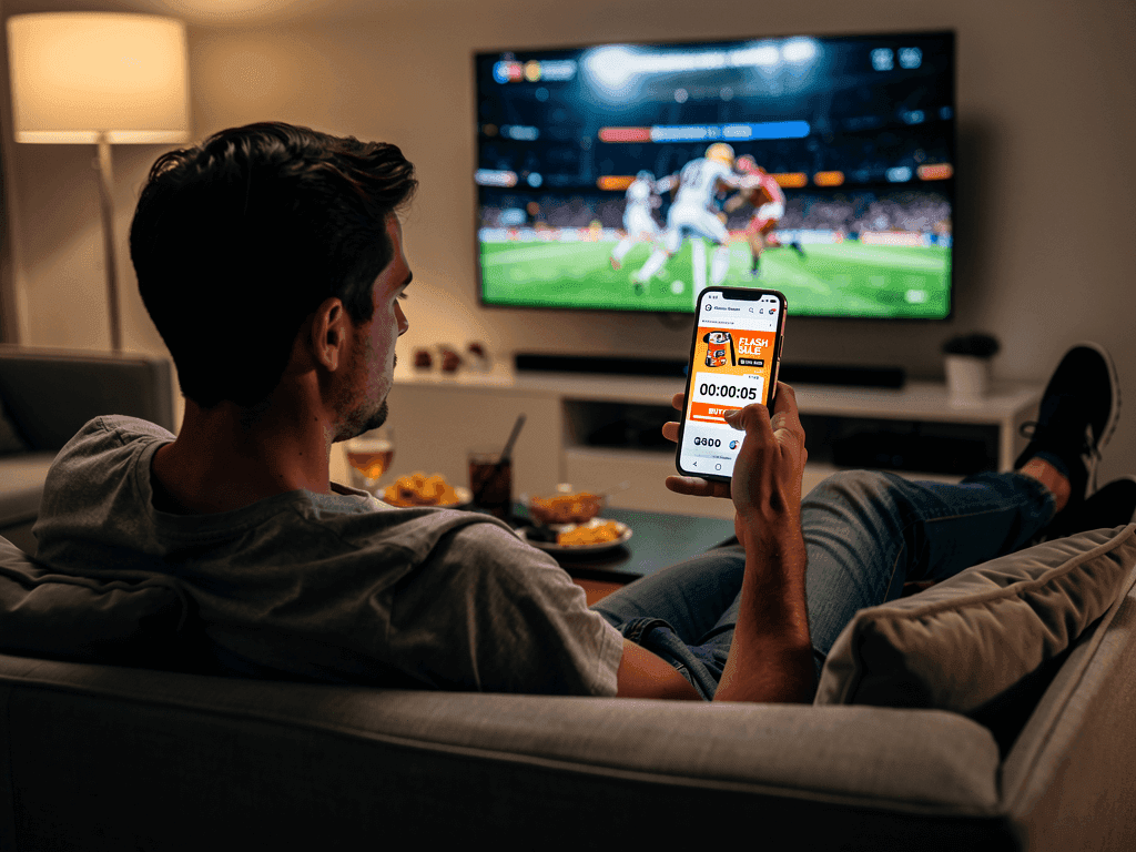 A man watching a sport game while he is shopping online