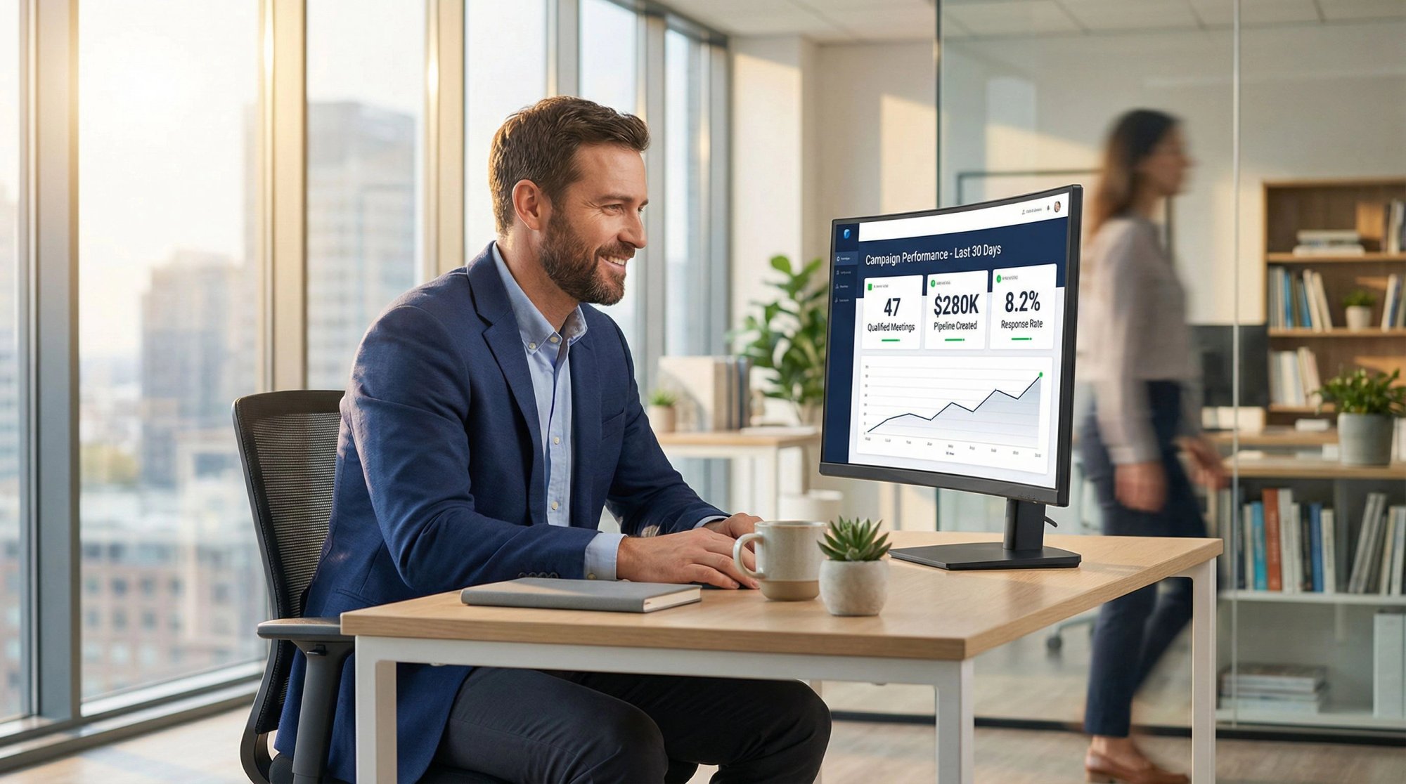 Confident B2B sales professional reviewing successful cold email campaign results and pipeline metrics on modern dashboard