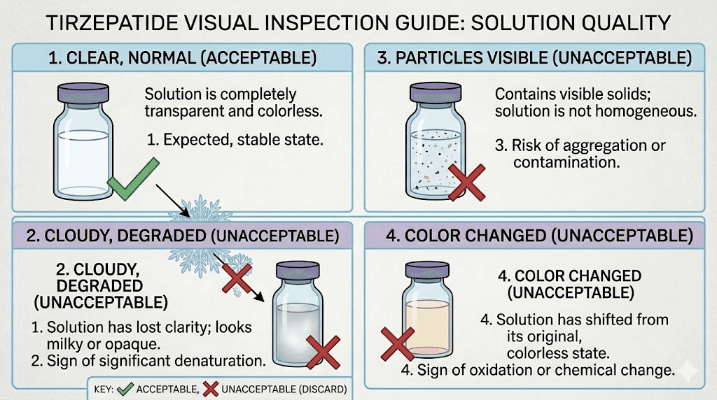 How to visually inspect tirzepatide for freezing damage and degradation signs