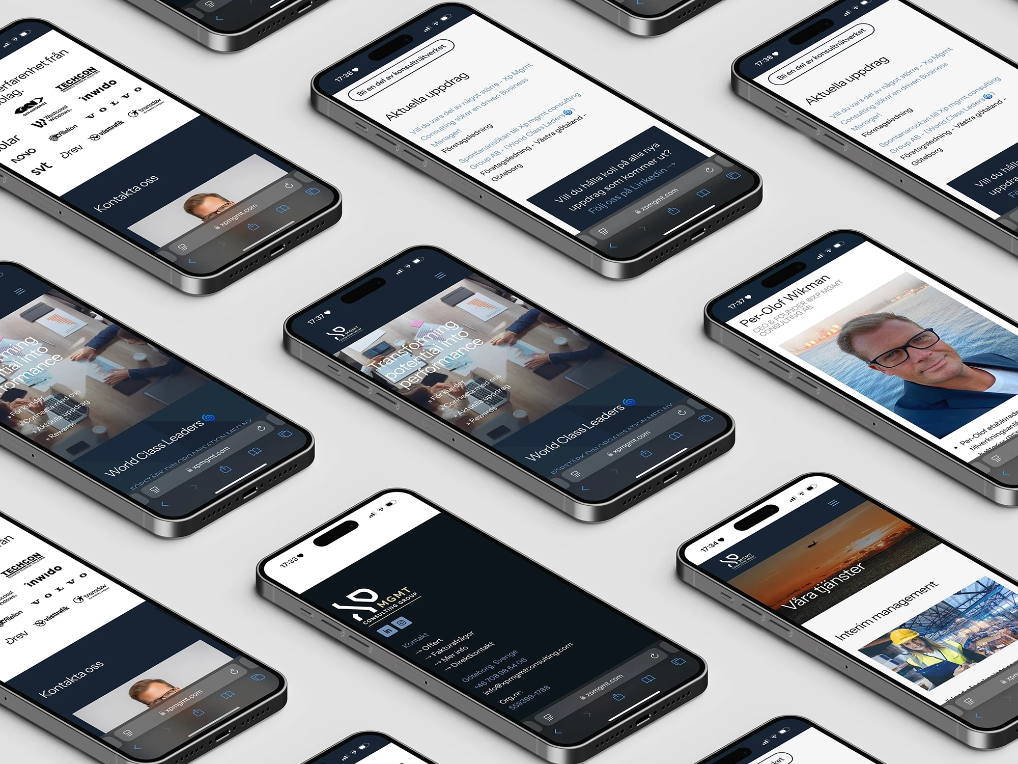 Massa iPhones med XP MGMT hemsida på olika sidor