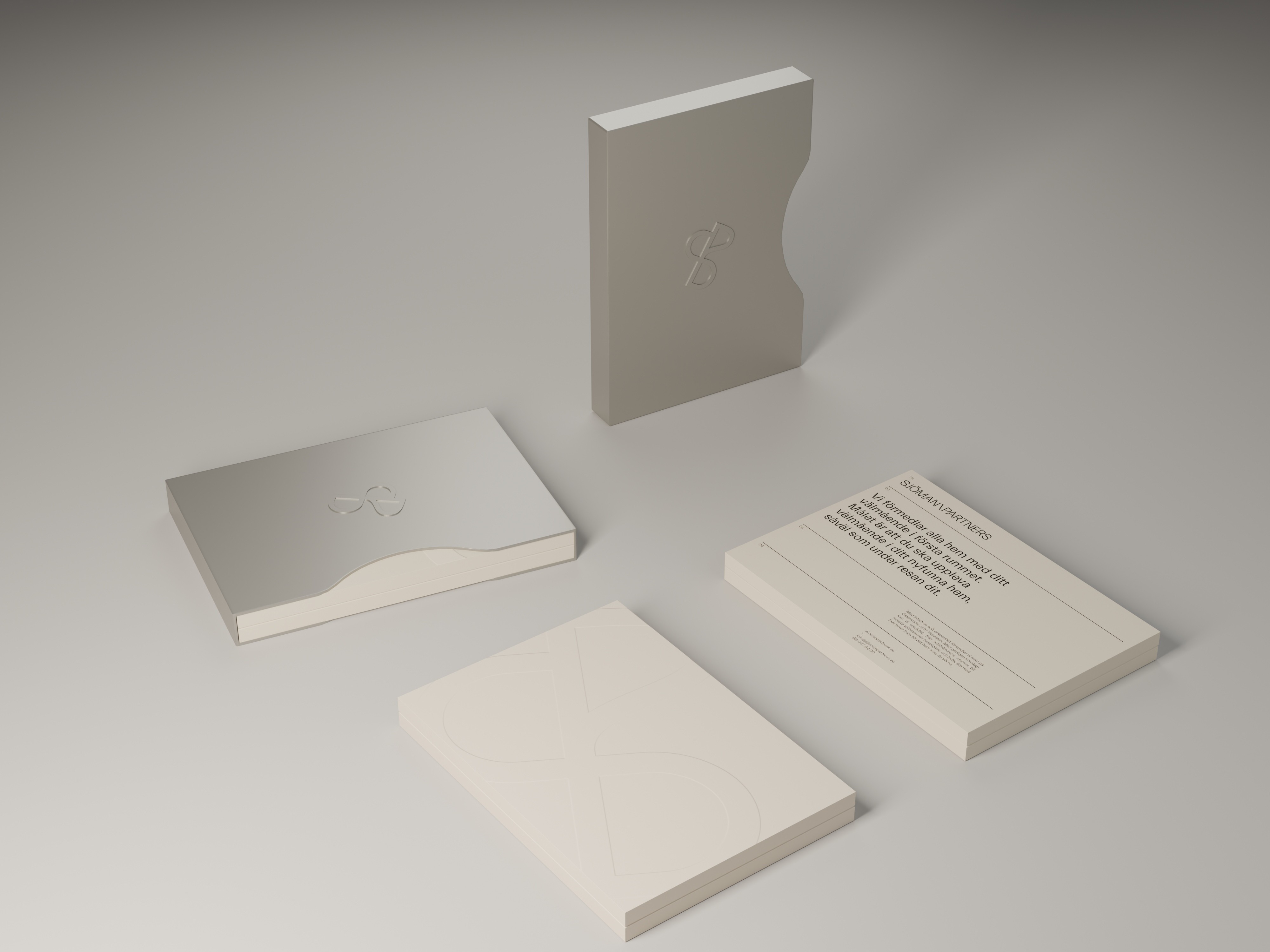 Sjöman Partners presentation packaging with warm ivory paper, a blind-embossed monogram, satin sleeve and printed reverse
