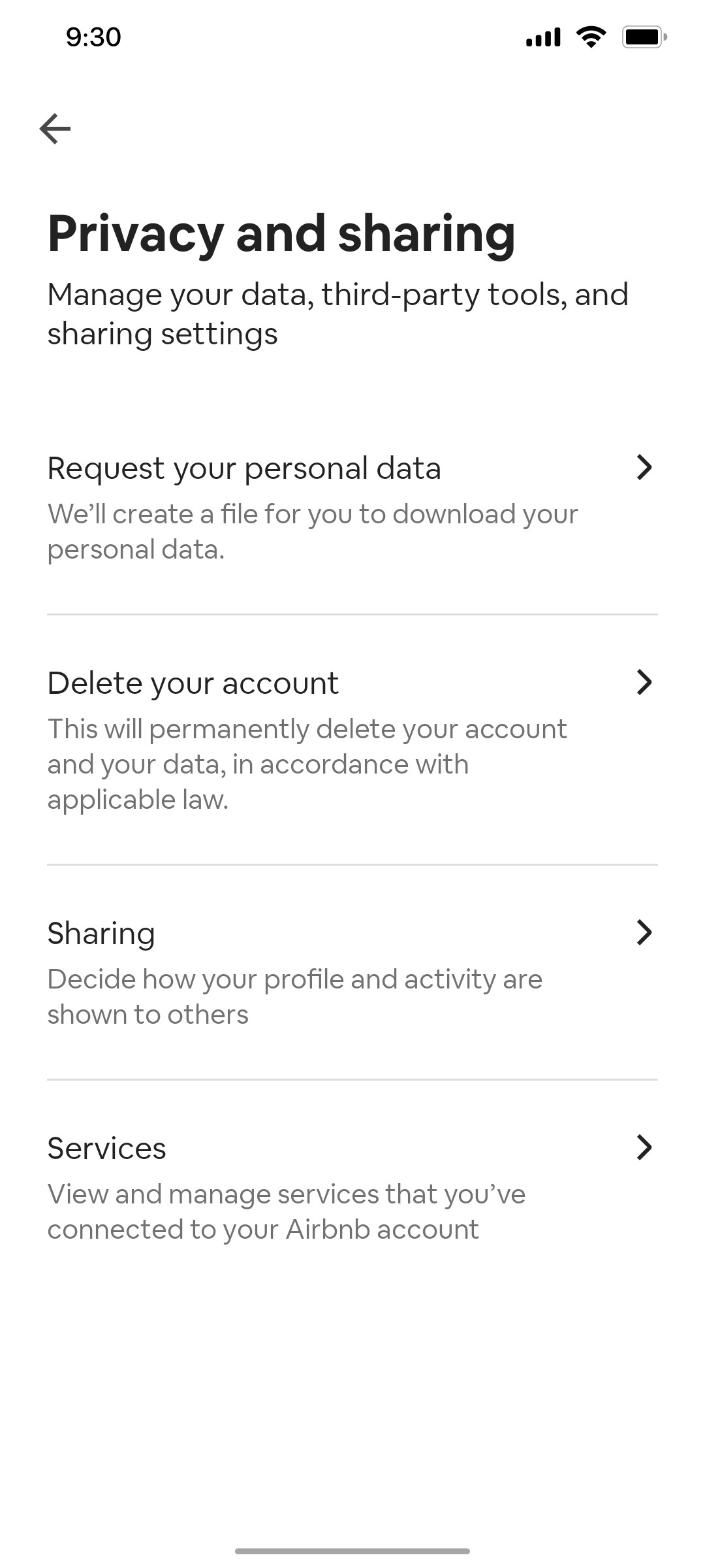 Airbnb Privacy and sharing screen